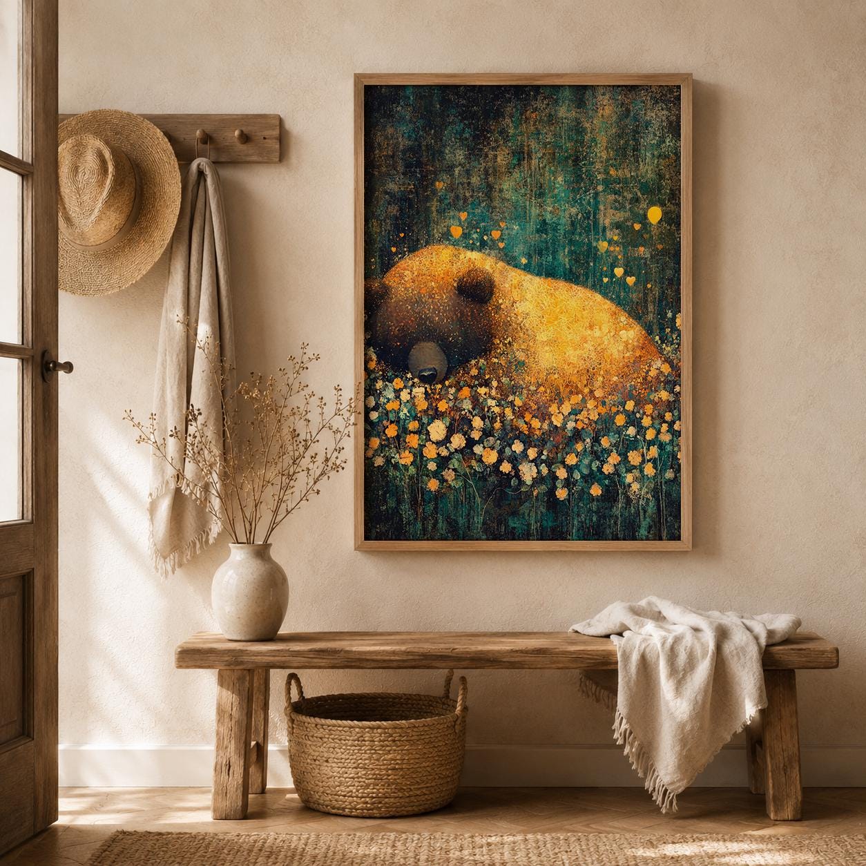 Sleeping Bear Woodland Nursery Art Print, Cozy Forest Animal Artwork, Woodland Baby Room Decor, Rustic Wildlife Wall Hanging
