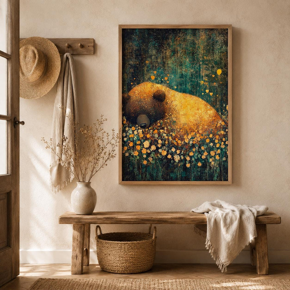 Sleeping Bear Woodland Nursery Art Print, Cozy Forest Animal Artwork, Woodland Baby Room Decor, Rustic Wildlife Wall Hanging