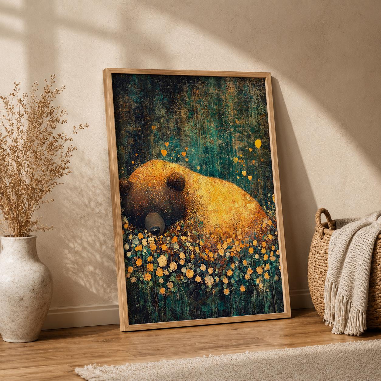 Sleeping Bear Woodland Nursery Art Print, Cozy Forest Animal Artwork, Woodland Baby Room Decor, Rustic Wildlife Wall Hanging