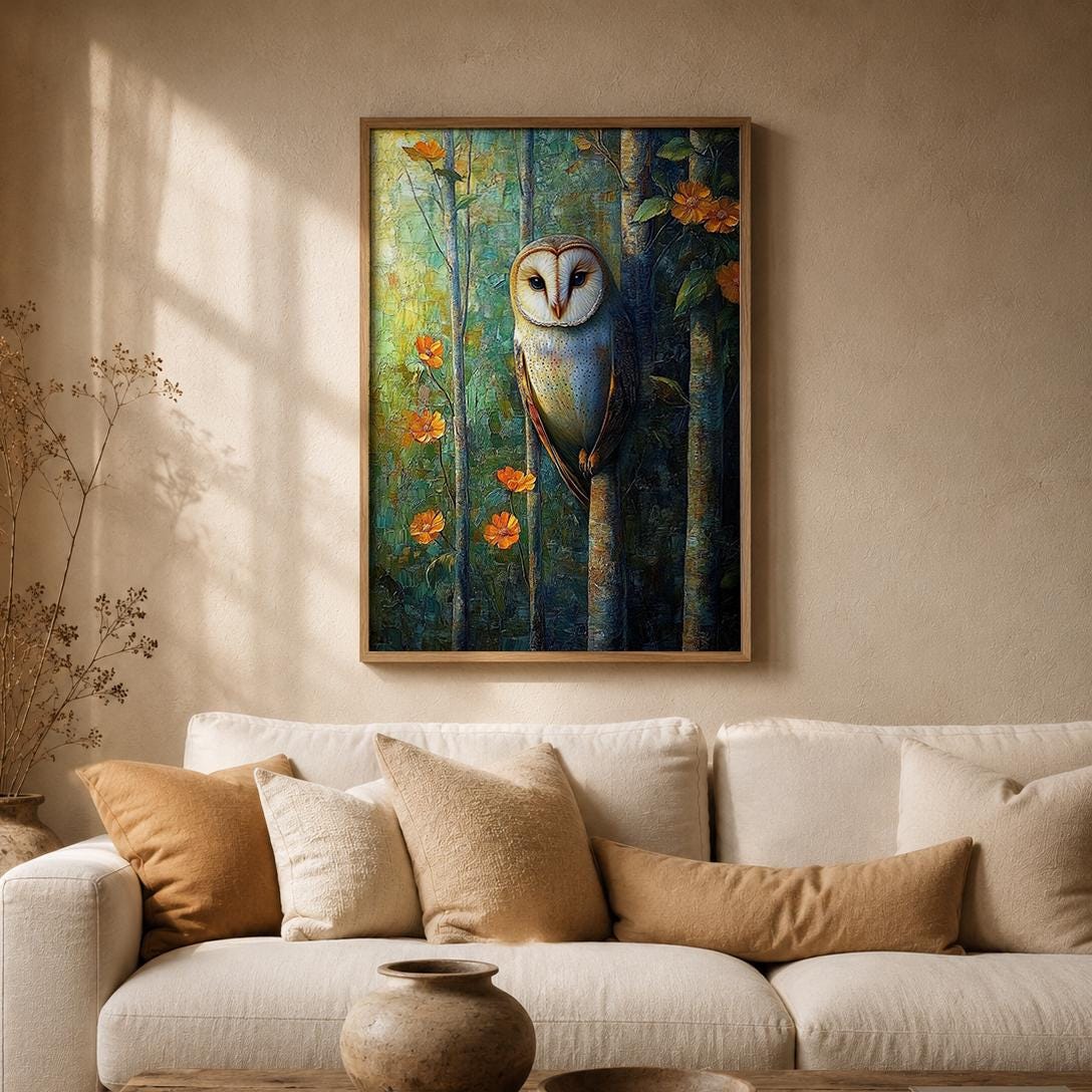 Woodland Owl Wall Art Print, Rustic Cabin Decor, Forest Animal Artwork, Cozy Cottage Wall Hanging, Nature Inspired Gift