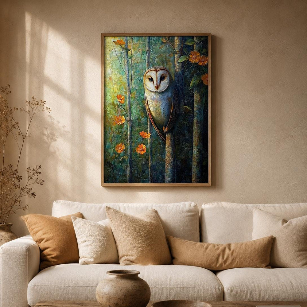 Woodland Owl Wall Art Print, Rustic Cabin Decor, Forest Animal Artwork, Cozy Cottage Wall Hanging, Nature Inspired Gift