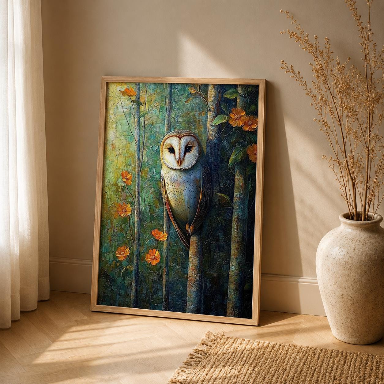 Woodland Owl Wall Art Print, Rustic Cabin Decor, Forest Animal Artwork, Cozy Cottage Wall Hanging, Nature Inspired Gift