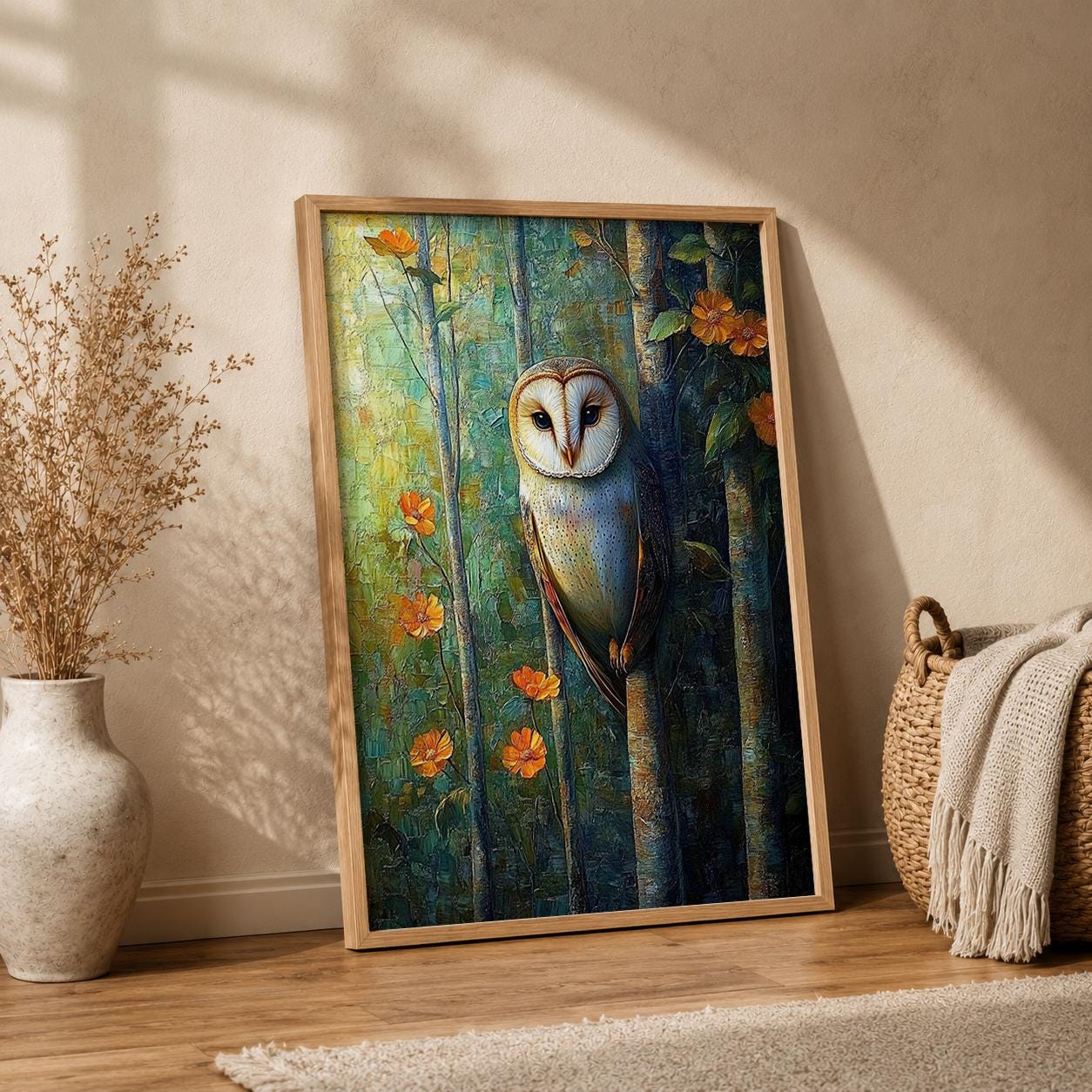 Woodland Owl Wall Art Print, Rustic Cabin Decor, Forest Animal Artwork, Cozy Cottage Wall Hanging, Nature Inspired Gift