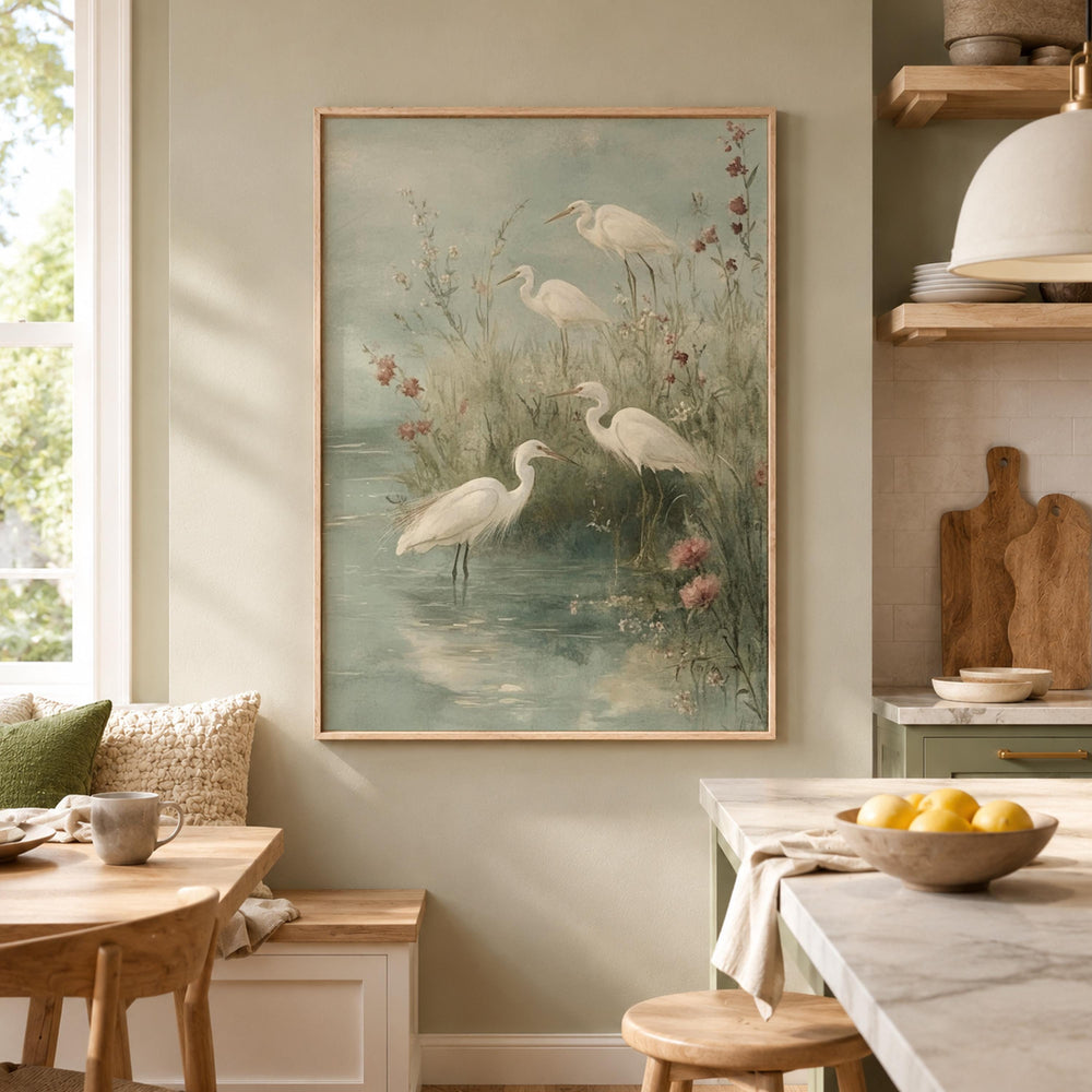 Soft Egret Shore Wall Art, Coastal Bird Canvas Print, Misty Marsh Poster, Watercolor Heron Artwork, Cottage Wetland Decor for Living Room