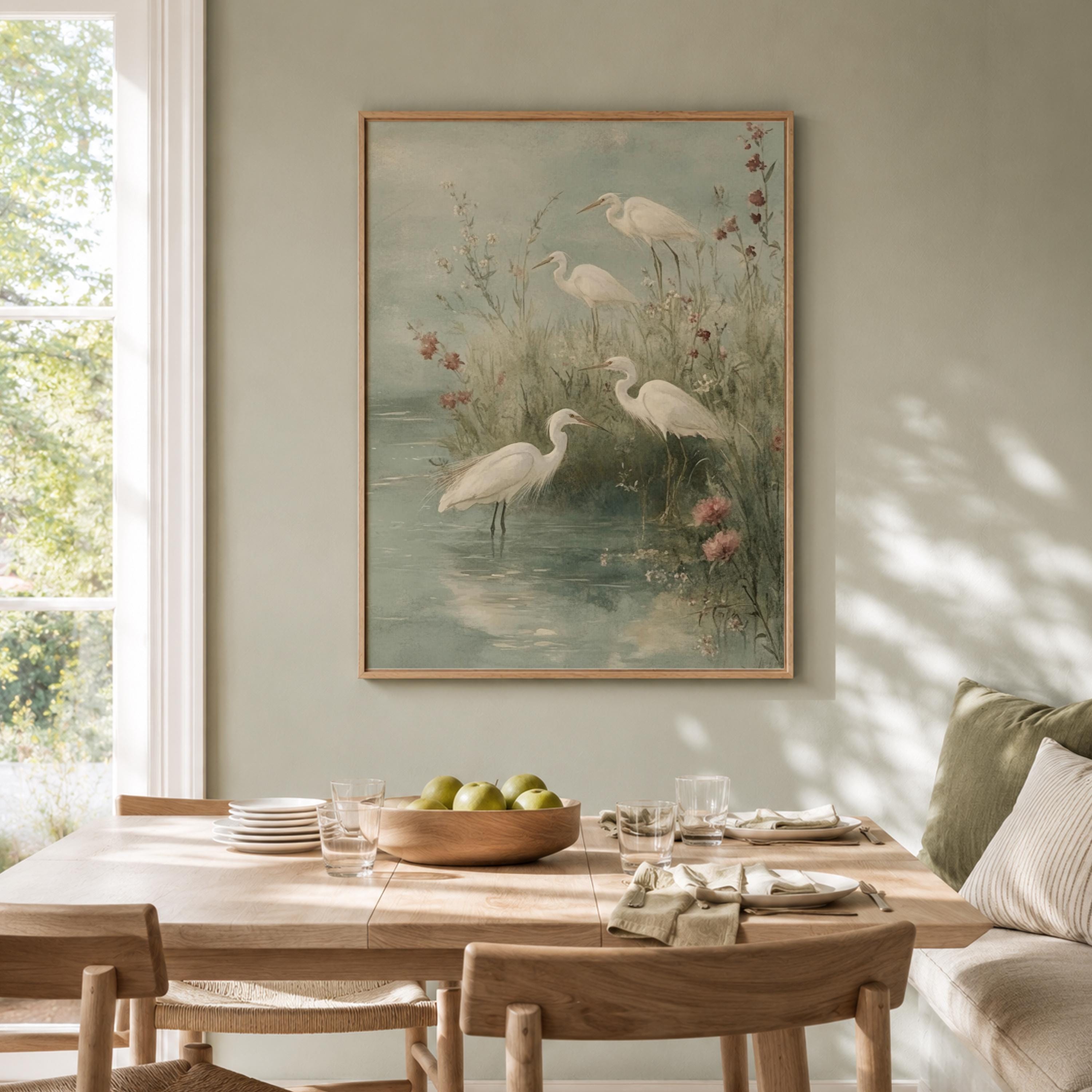 Soft Egret Shore Wall Art, Coastal Bird Canvas Print, Misty Marsh Poster, Watercolor Heron Artwork, Cottage Wetland Decor for Living Room