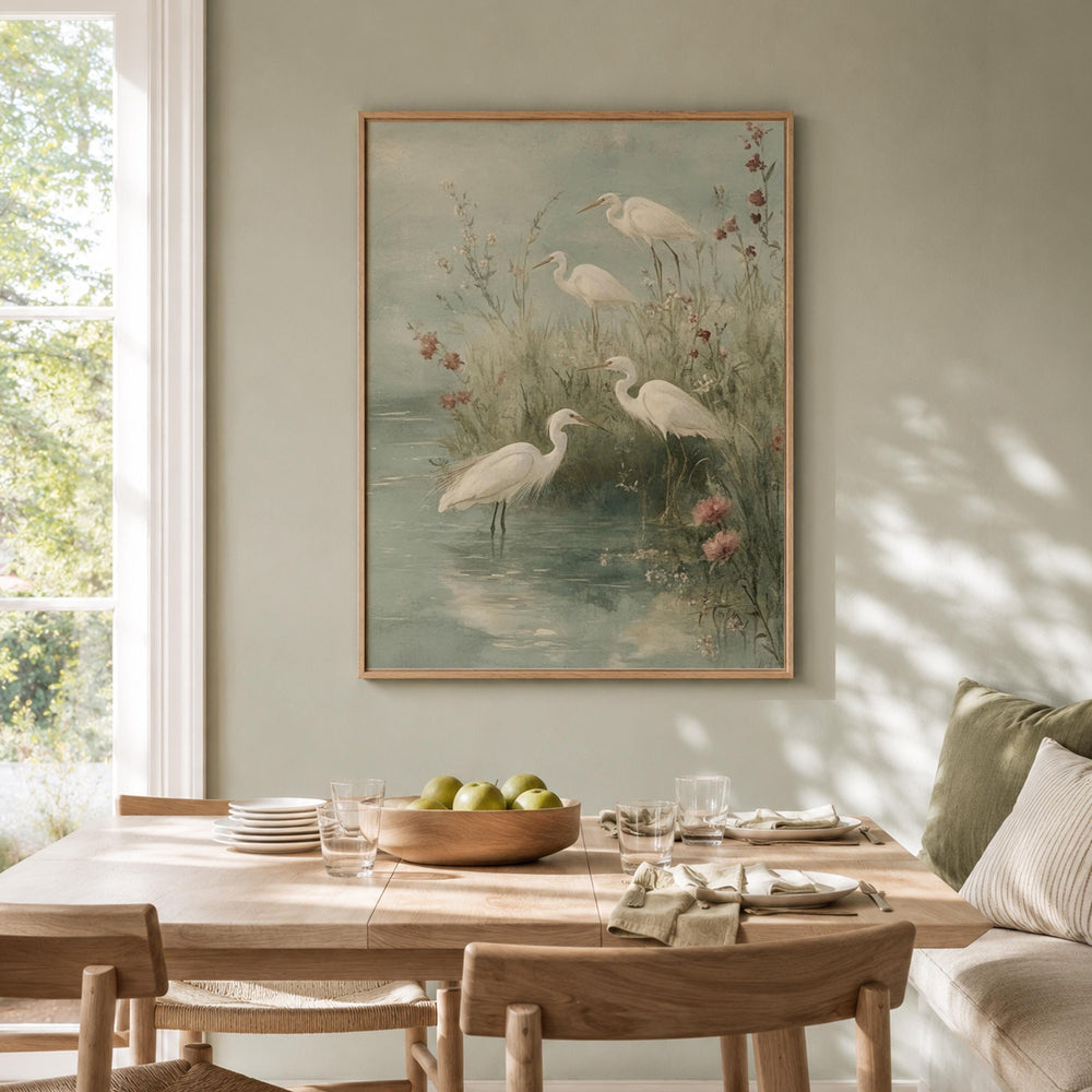 Soft Egret Shore Wall Art, Coastal Bird Canvas Print, Misty Marsh Poster, Watercolor Heron Artwork, Cottage Wetland Decor for Living Room