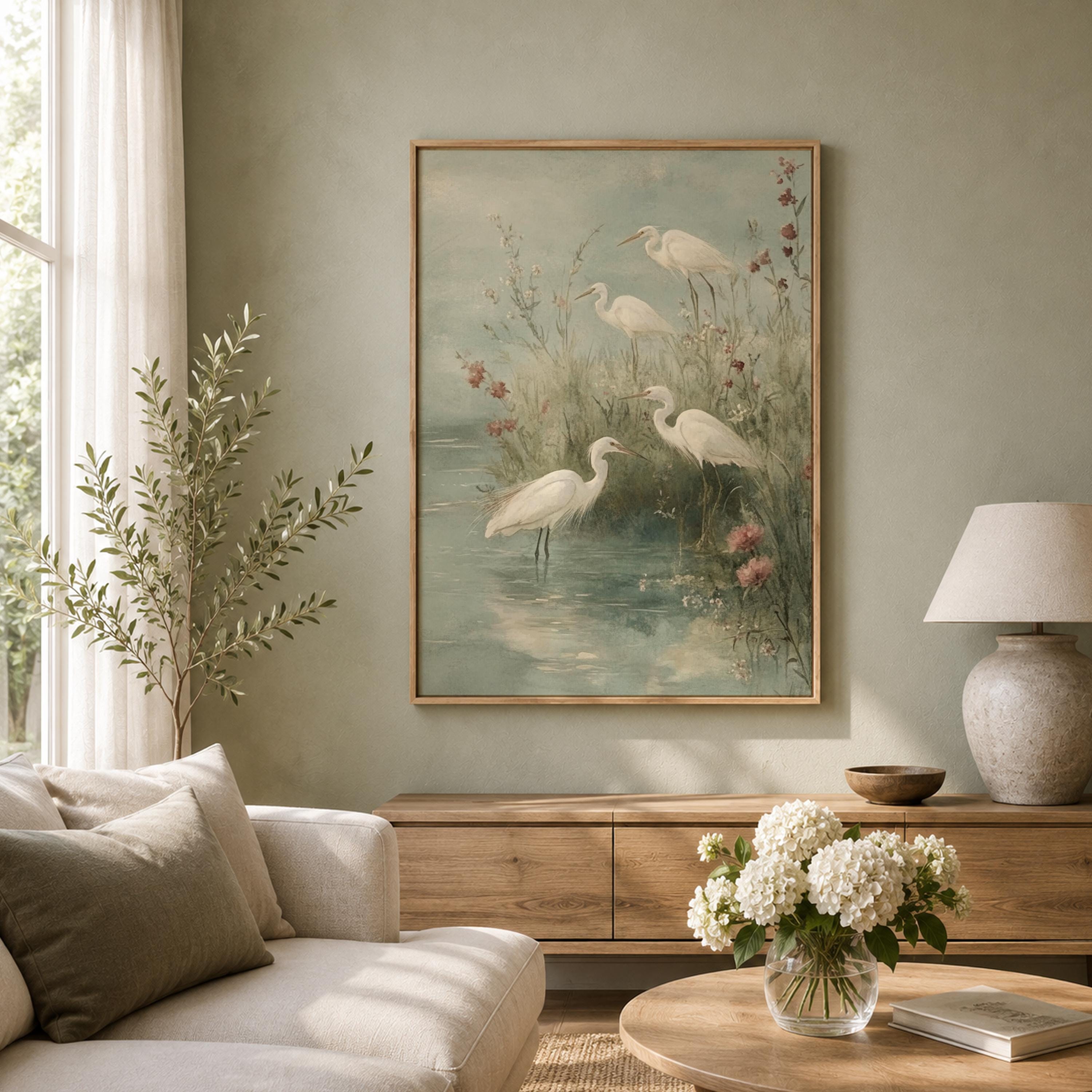 Soft Egret Shore Wall Art, Coastal Bird Canvas Print, Misty Marsh Poster, Watercolor Heron Artwork, Cottage Wetland Decor for Living Room
