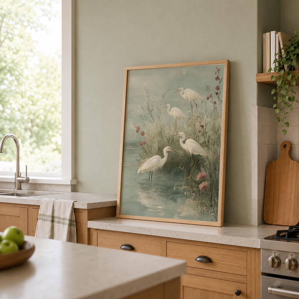 Soft Egret Shore Wall Art, Coastal Bird Canvas Print, Misty Marsh Poster, Watercolor Heron Artwork, Cottage Wetland Decor for Living Room