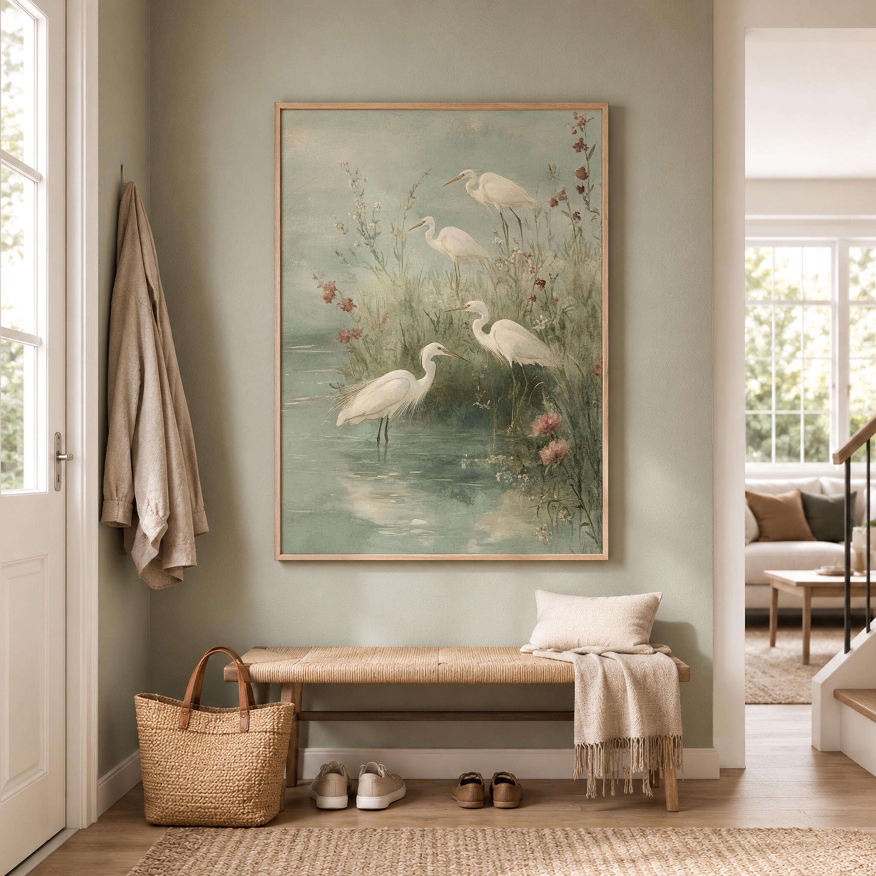 Soft Egret Shore Wall Art, Coastal Bird Canvas Print, Misty Marsh Poster, Watercolor Heron Artwork, Cottage Wetland Decor for Living Room