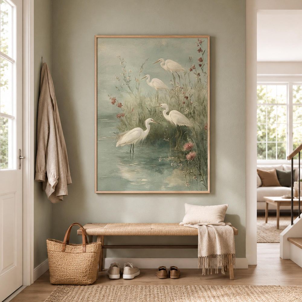 Soft Egret Shore Wall Art, Coastal Bird Canvas Print, Misty Marsh Poster, Watercolor Heron Artwork, Cottage Wetland Decor for Living Room