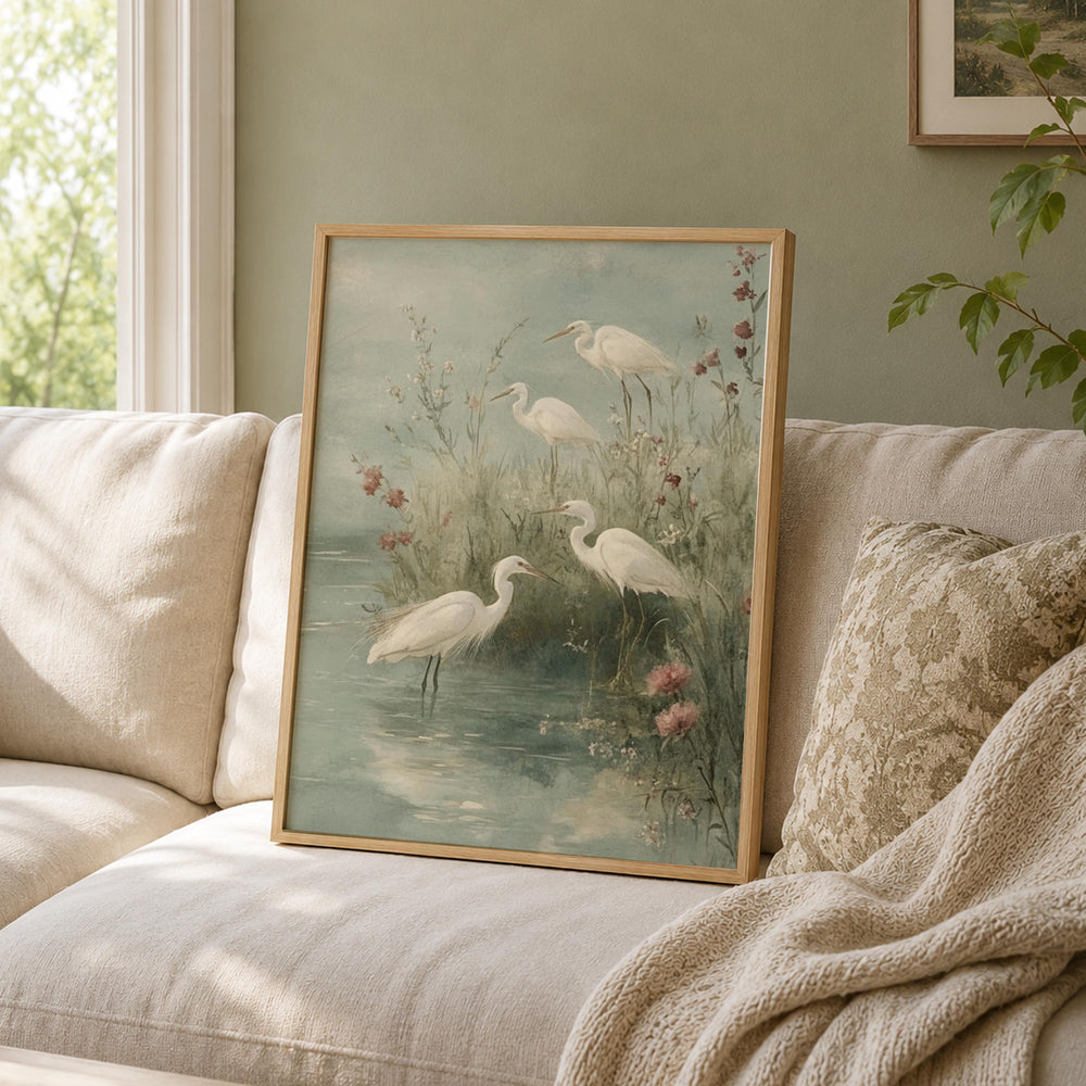 Soft Egret Shore Wall Art, Coastal Bird Canvas Print, Misty Marsh Poster, Watercolor Heron Artwork, Cottage Wetland Decor for Living Room