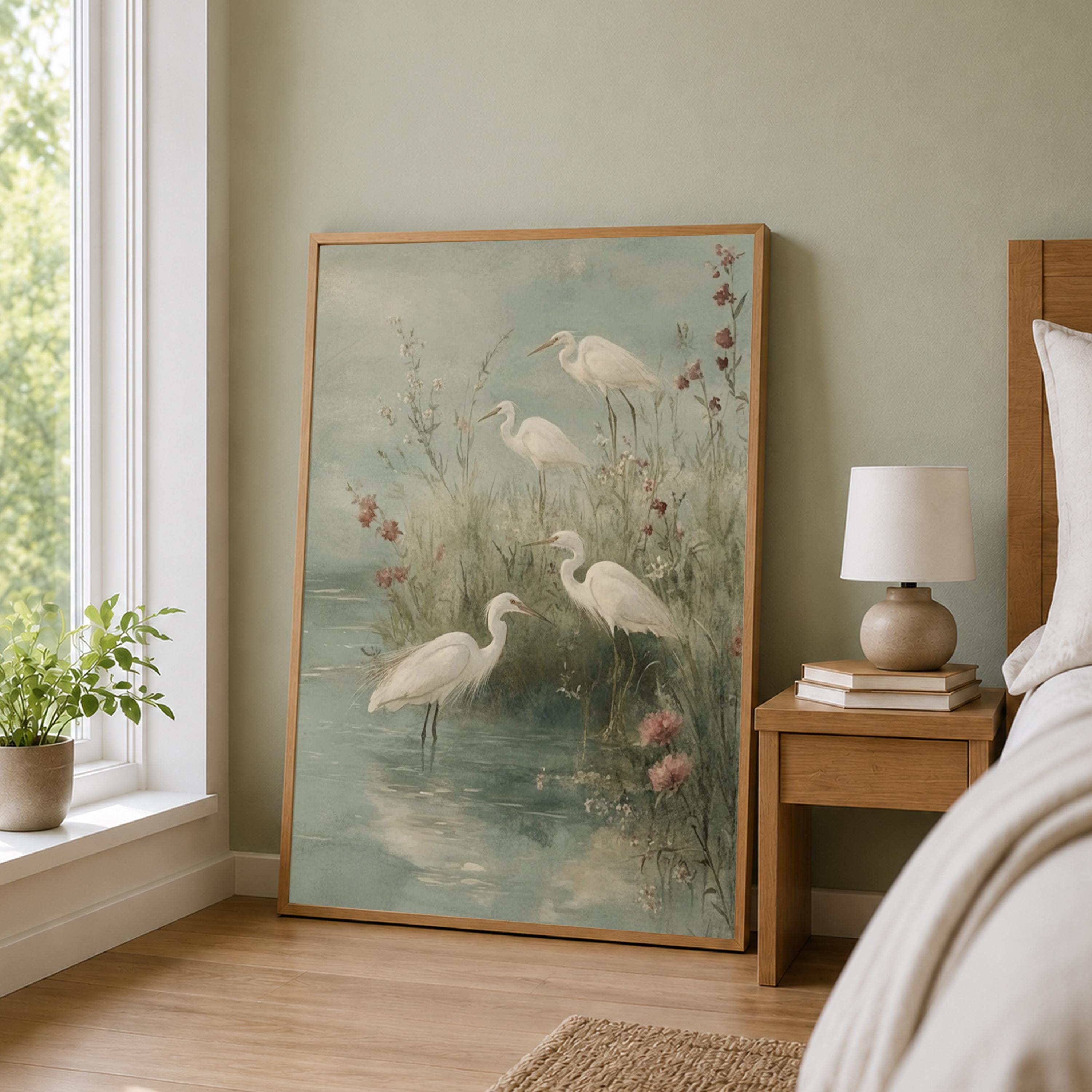 Soft Egret Shore Wall Art, Coastal Bird Canvas Print, Misty Marsh Poster, Watercolor Heron Artwork, Cottage Wetland Decor for Living Room