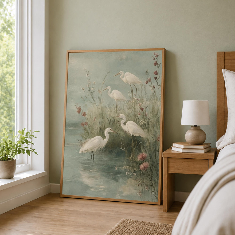 Soft Egret Shore Wall Art, Coastal Bird Canvas Print, Misty Marsh Poster, Watercolor Heron Artwork, Cottage Wetland Decor for Living Room