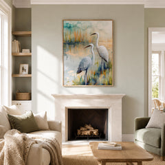 White Egret Marsh Wall Art, Coastal Bird Canvas Print, Watercolor Wetland Poster, Blue Lake Heron Decor for Bedroom, Serene Home Accent