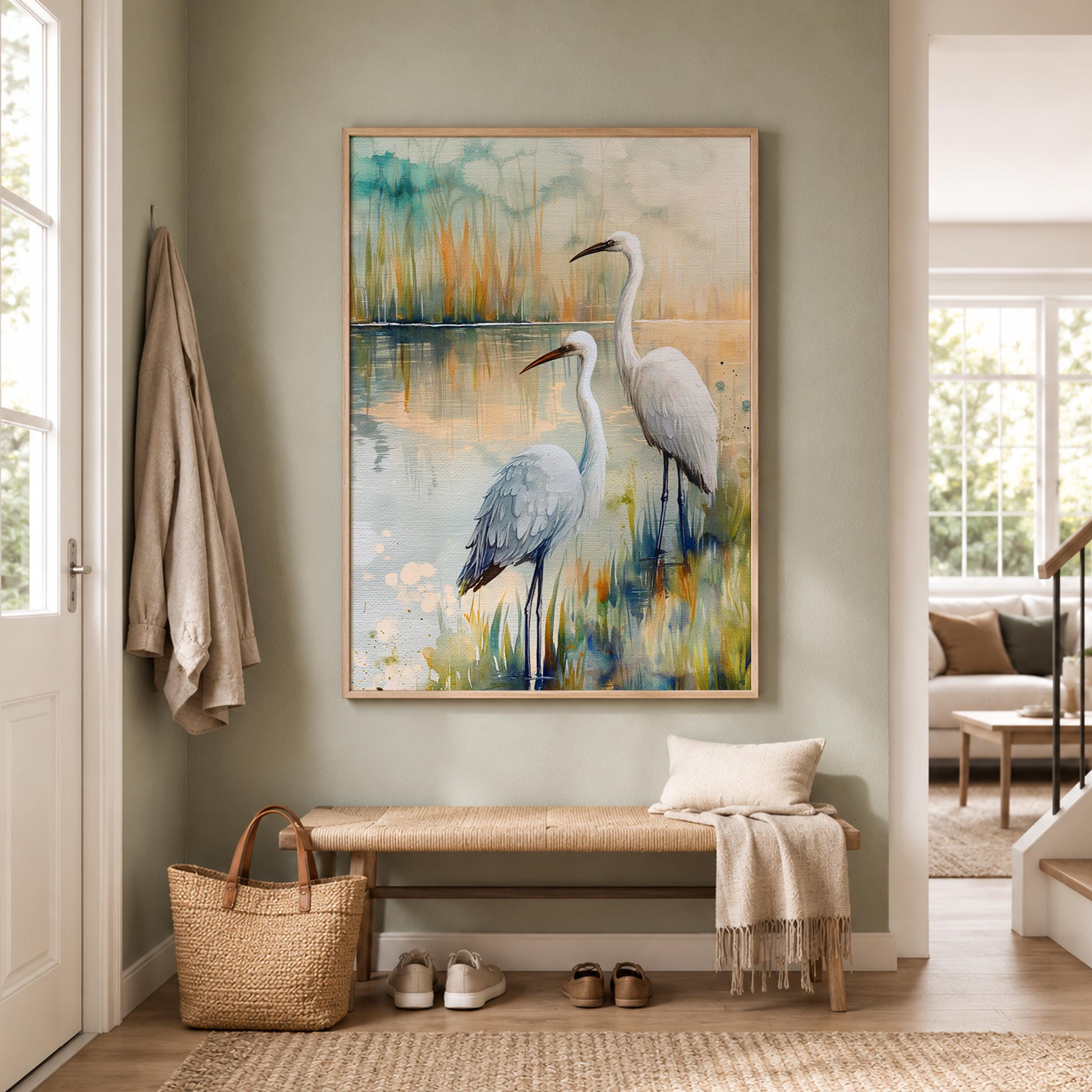 White Egret Marsh Wall Art, Coastal Bird Canvas Print, Watercolor Wetland Poster, Blue Lake Heron Decor for Bedroom, Serene Home Accent