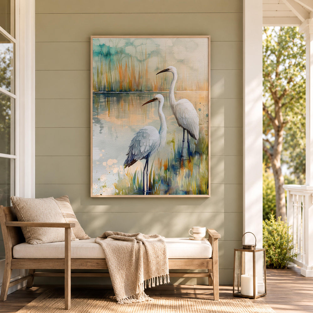 White Egret Marsh Wall Art, Coastal Bird Canvas Print, Watercolor Wetland Poster, Blue Lake Heron Decor for Bedroom, Serene Home Accent