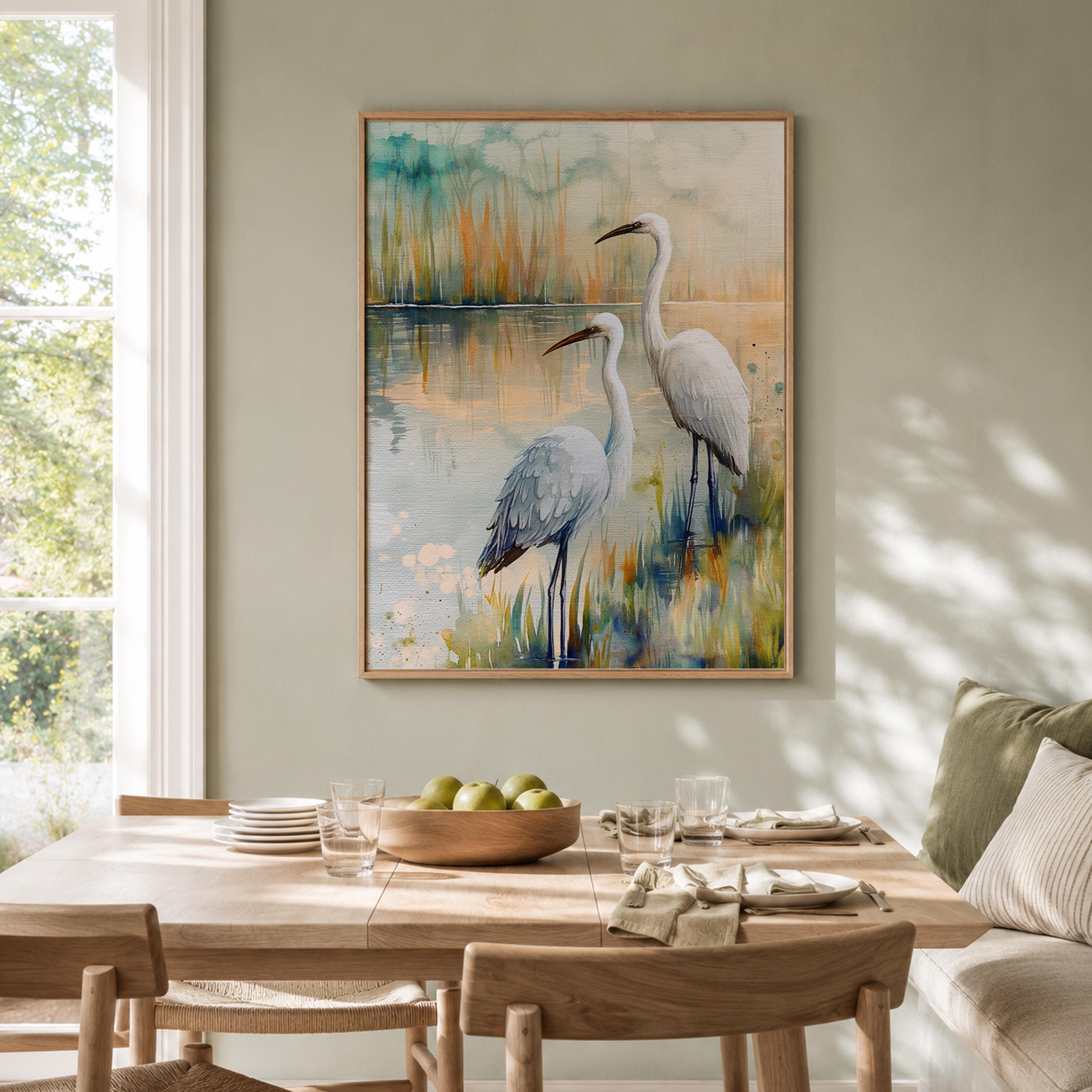 White Egret Marsh Wall Art, Coastal Bird Canvas Print, Watercolor Wetland Poster, Blue Lake Heron Decor for Bedroom, Serene Home Accent