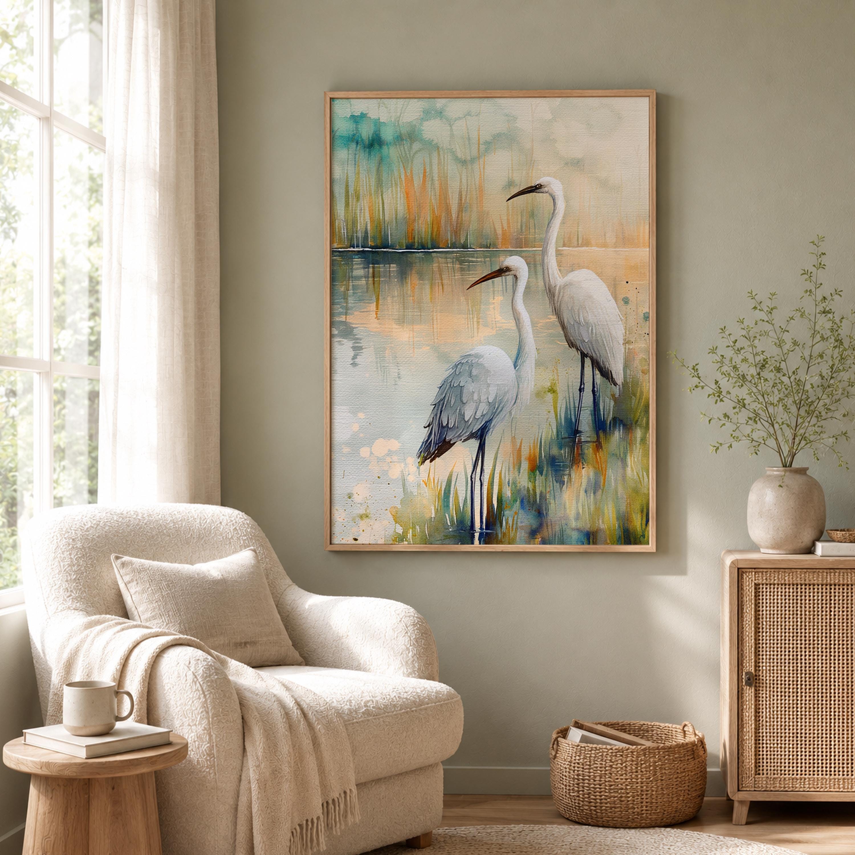 White Egret Marsh Wall Art, Coastal Bird Canvas Print, Watercolor Wetland Poster, Blue Lake Heron Decor for Bedroom, Serene Home Accent