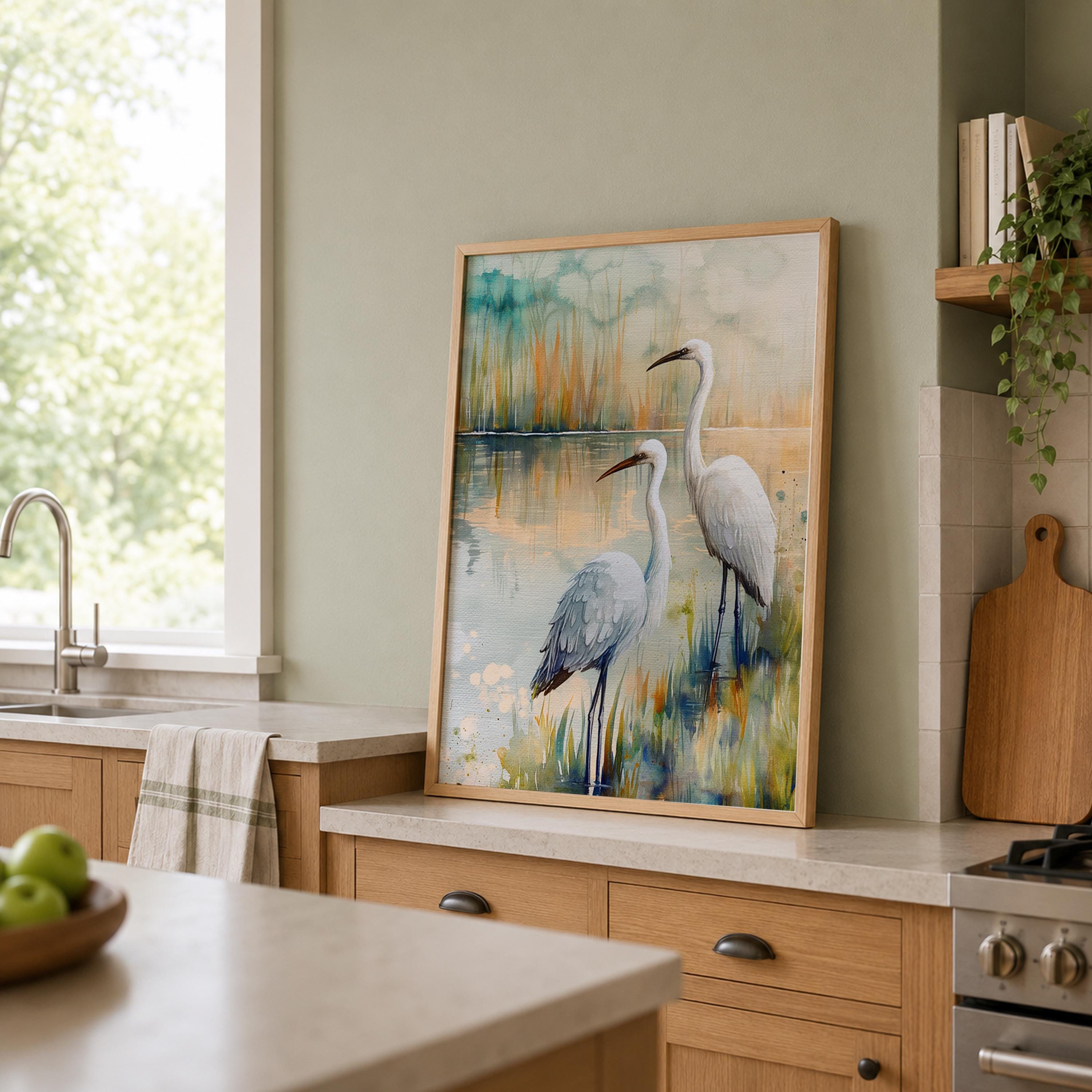 White Egret Marsh Wall Art, Coastal Bird Canvas Print, Watercolor Wetland Poster, Blue Lake Heron Decor for Bedroom, Serene Home Accent