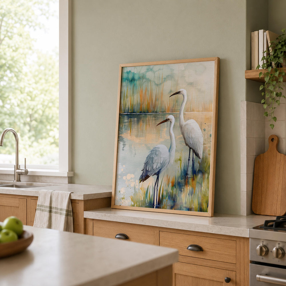 White Egret Marsh Wall Art, Coastal Bird Canvas Print, Watercolor Wetland Poster, Blue Lake Heron Decor for Bedroom, Serene Home Accent