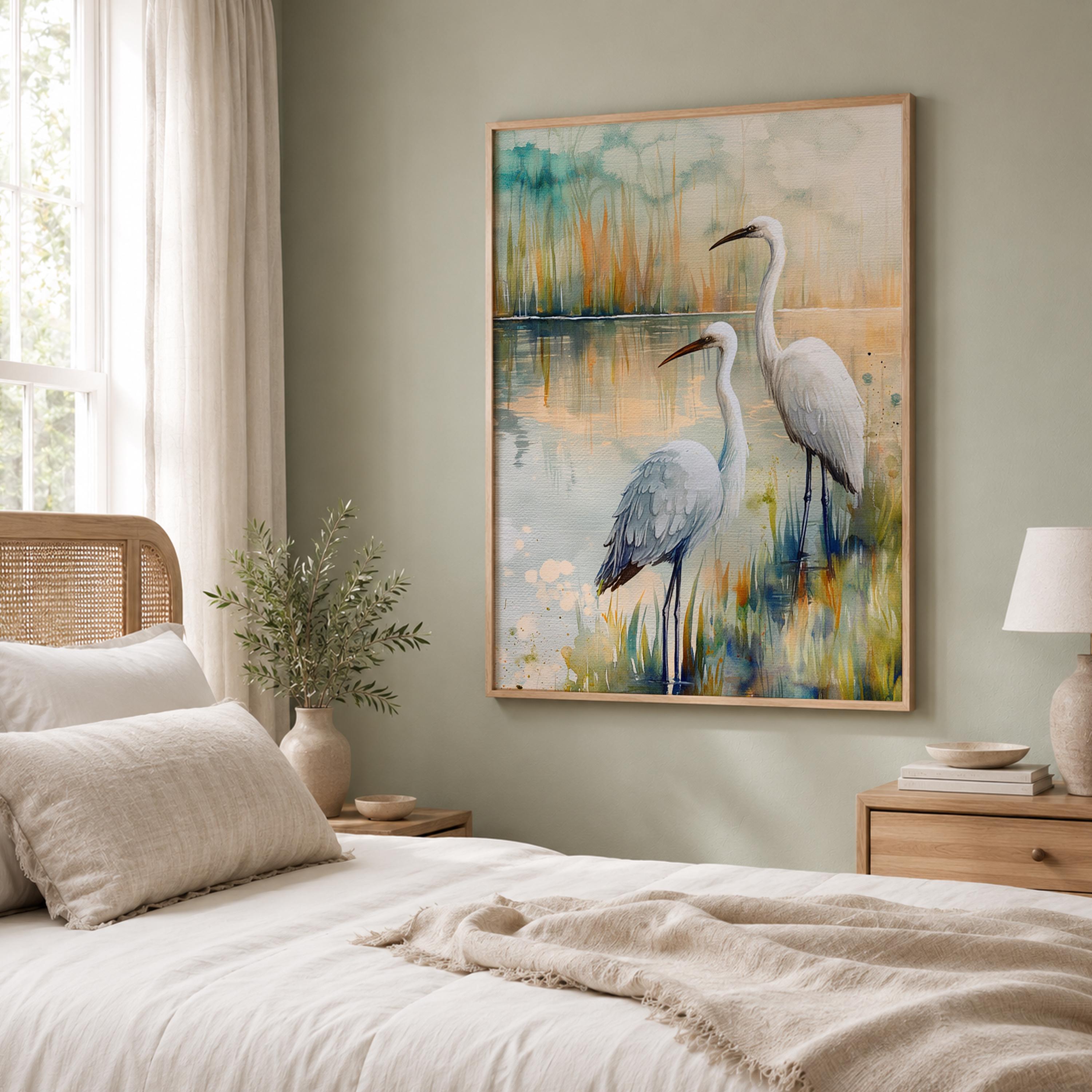 White Egret Marsh Wall Art, Coastal Bird Canvas Print, Watercolor Wetland Poster, Blue Lake Heron Decor for Bedroom, Serene Home Accent