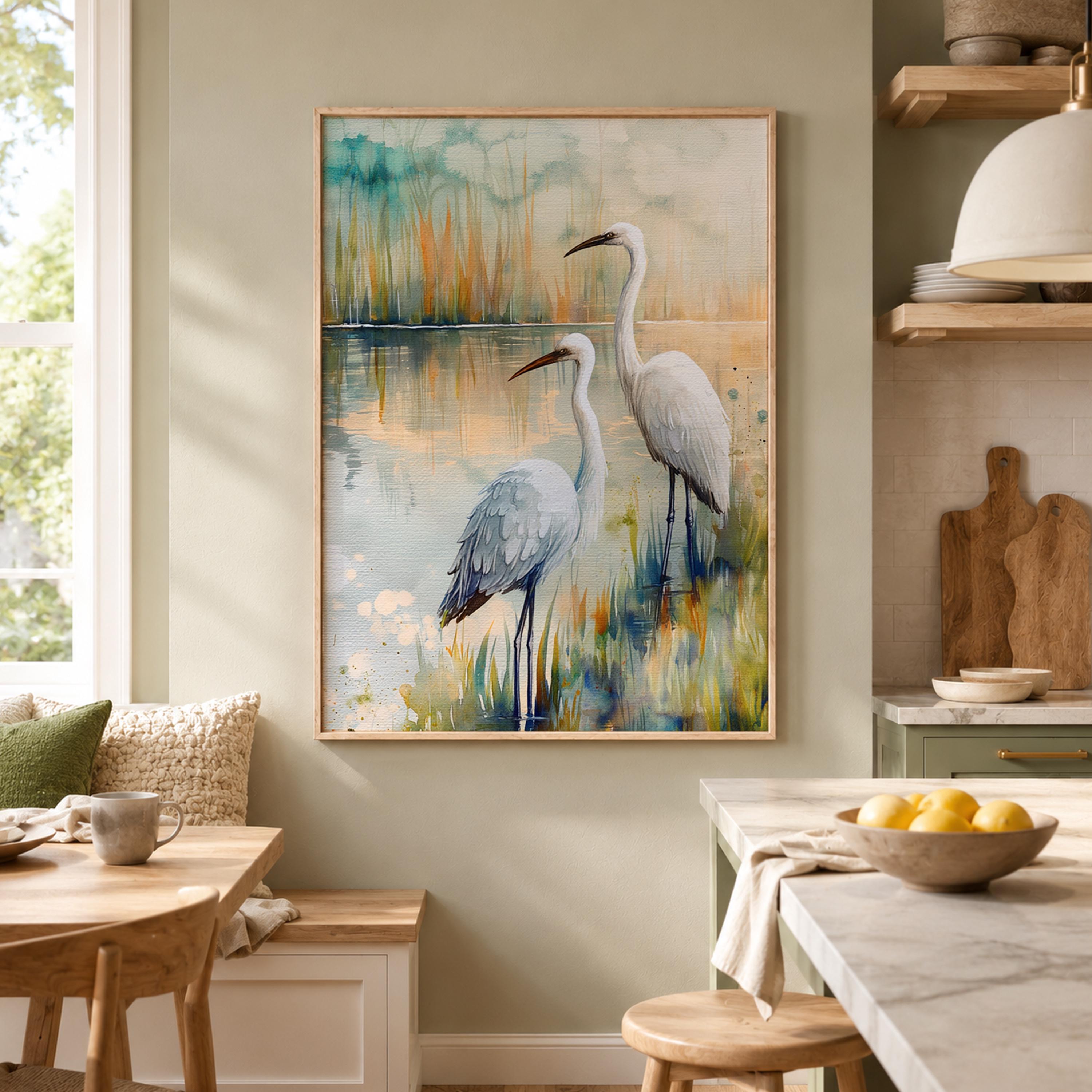 White Egret Marsh Wall Art, Coastal Bird Canvas Print, Watercolor Wetland Poster, Blue Lake Heron Decor for Bedroom, Serene Home Accent