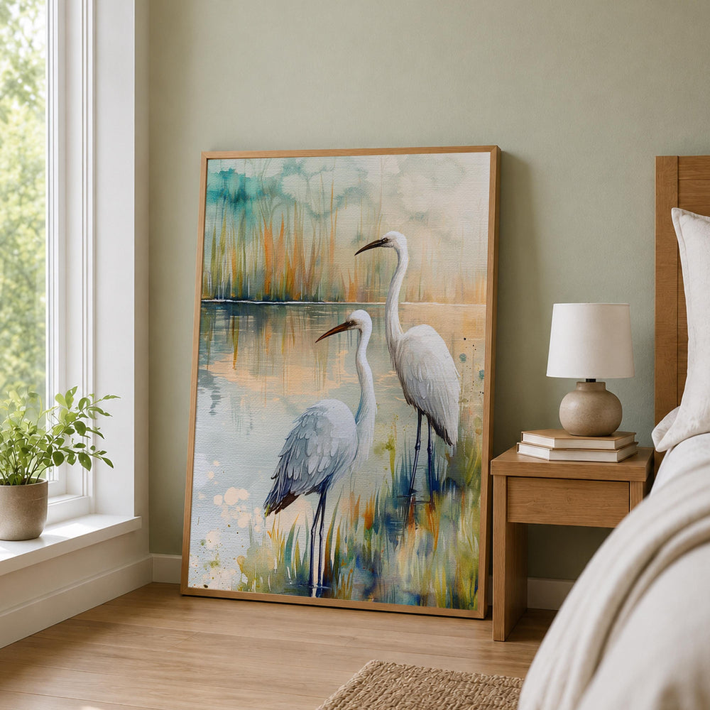White Egret Marsh Wall Art, Coastal Bird Canvas Print, Watercolor Wetland Poster, Blue Lake Heron Decor for Bedroom, Serene Home Accent