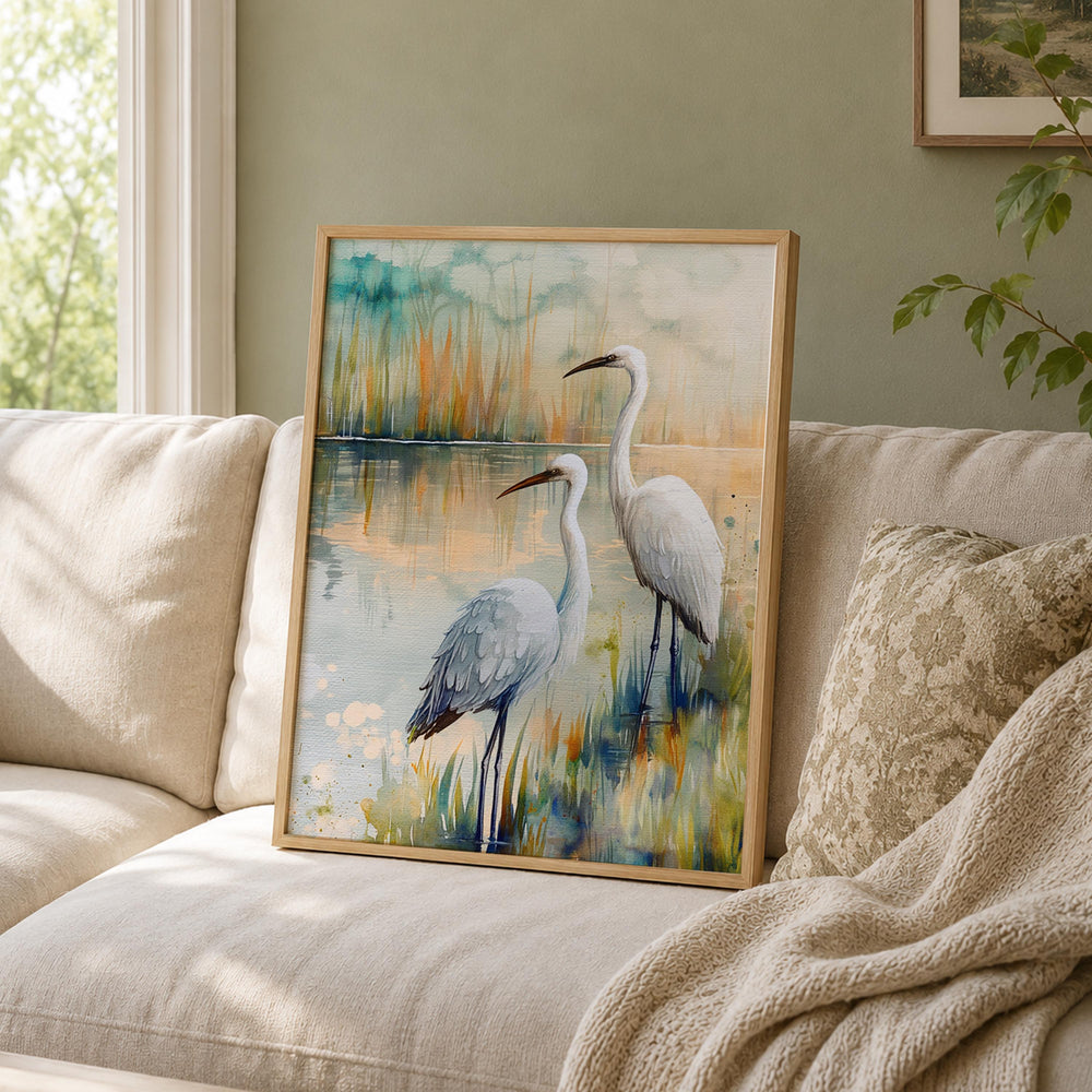 White Egret Marsh Wall Art, Coastal Bird Canvas Print, Watercolor Wetland Poster, Blue Lake Heron Decor for Bedroom, Serene Home Accent