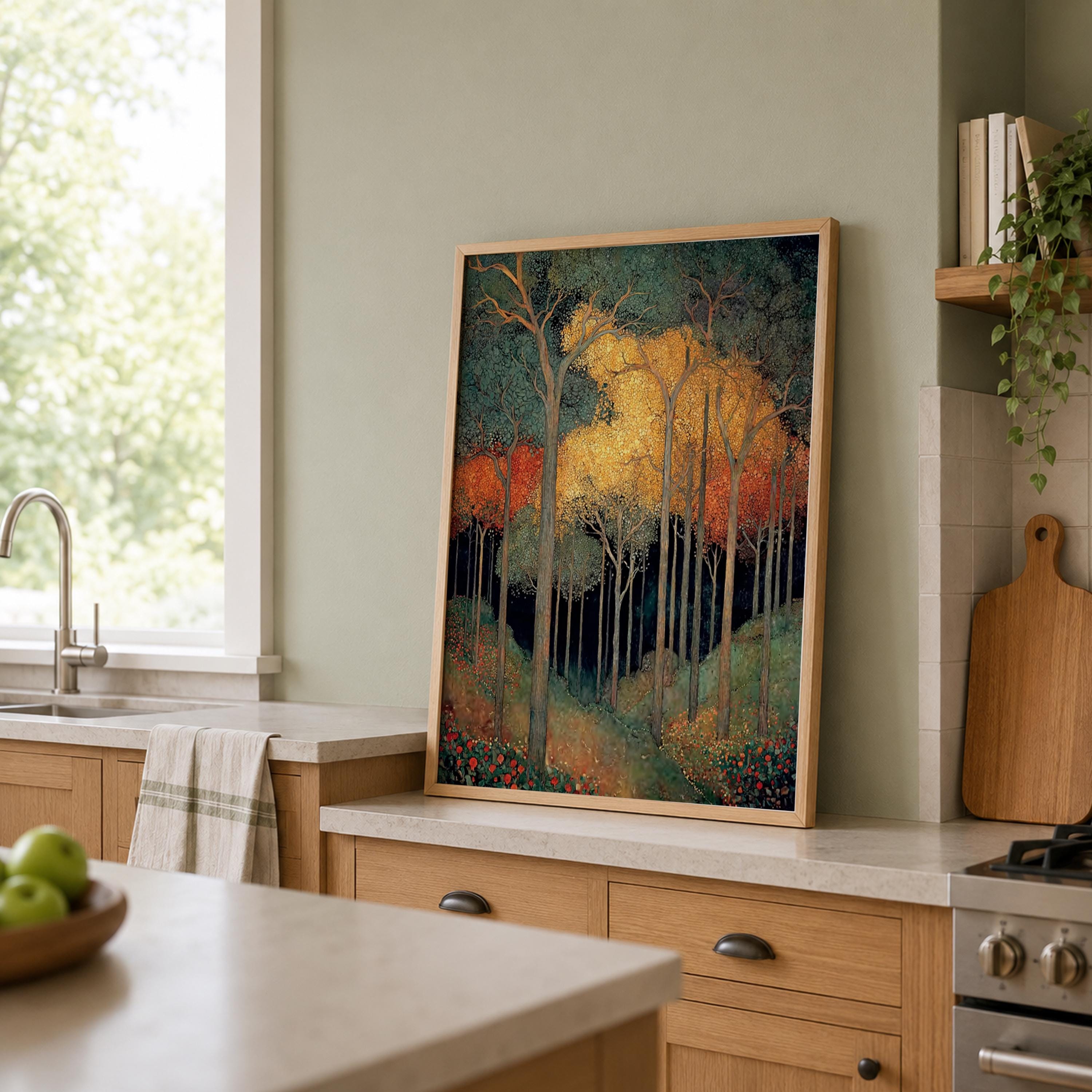 William Morris Forest Wall Art, Golden Woodland Canvas Print, Vintage Botanical Tree Poster, Dark Cottage Home Decor, Nature Lover Gift