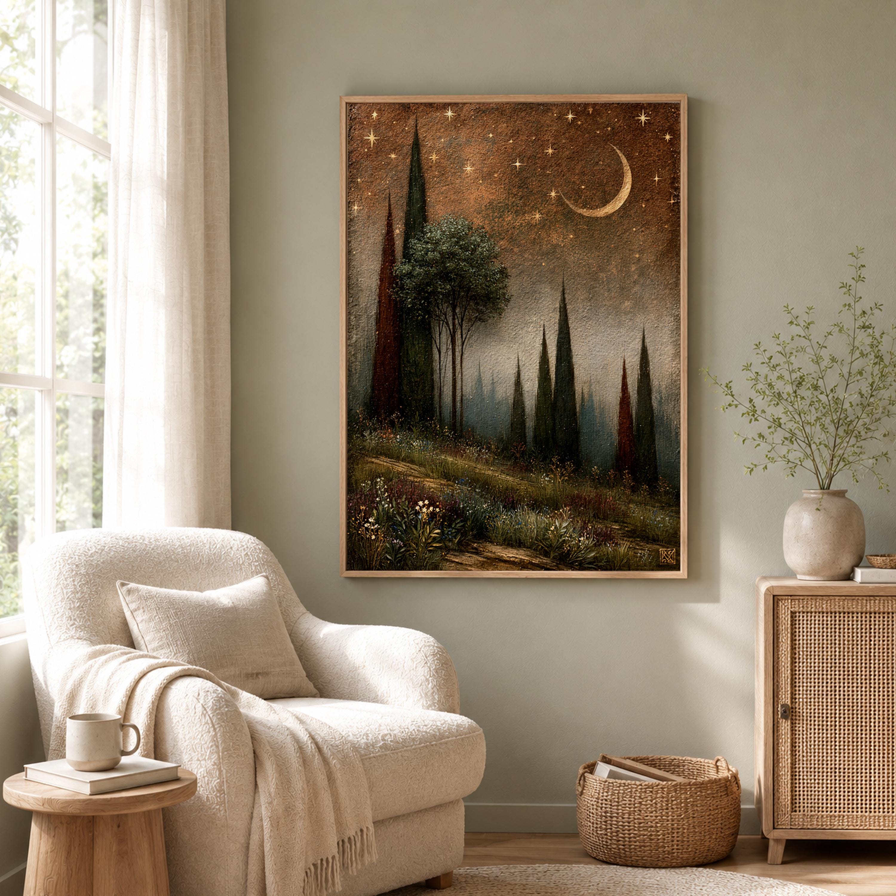 Moonlit Cypress Forest Wall Art, Dark Woodland Canvas Print, Crescent Moon Poster, Moody Starry Night Home Decor, Gothic Nature Lover Gift