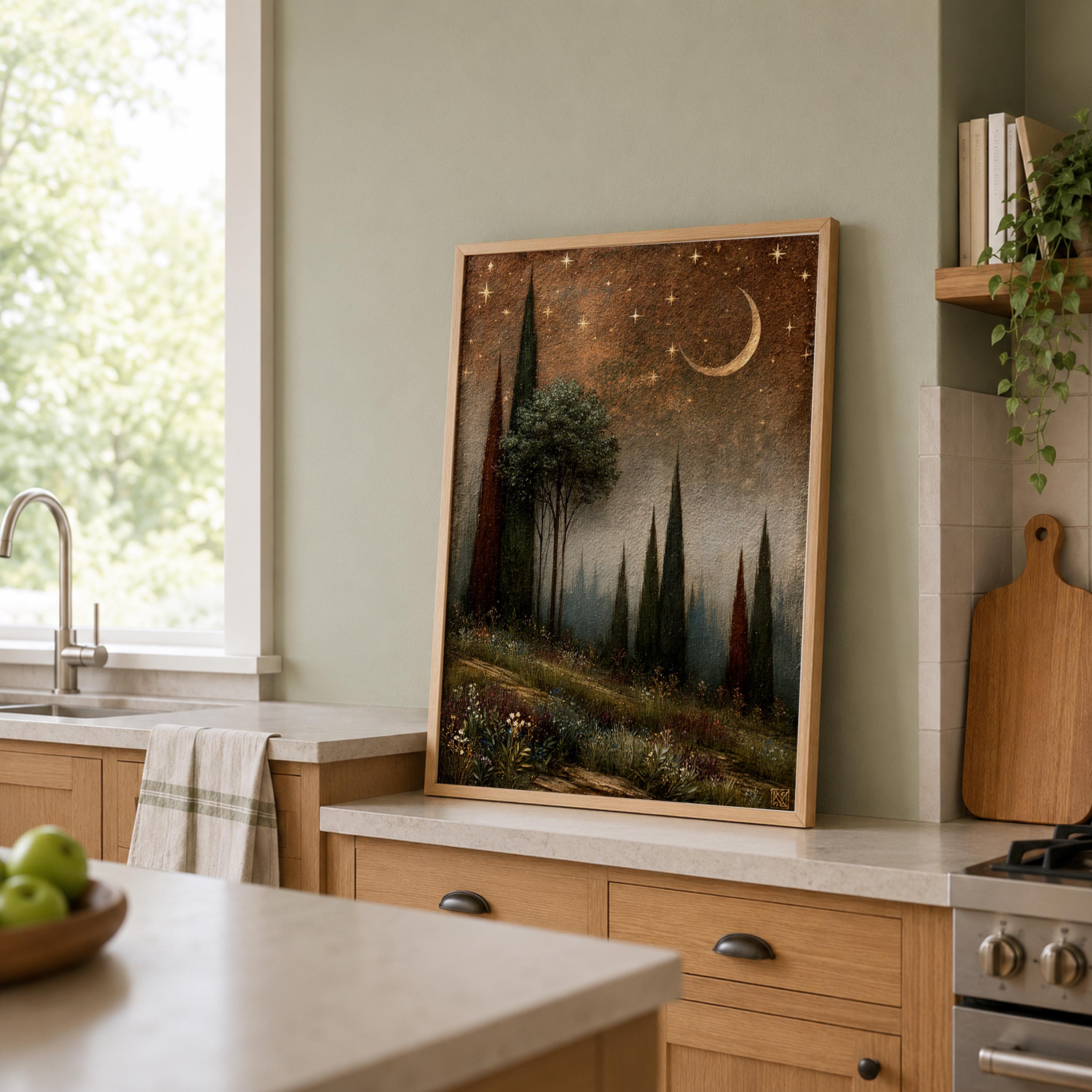 Moonlit Cypress Forest Wall Art, Dark Woodland Canvas Print, Crescent Moon Poster, Moody Starry Night Home Decor, Gothic Nature Lover Gift