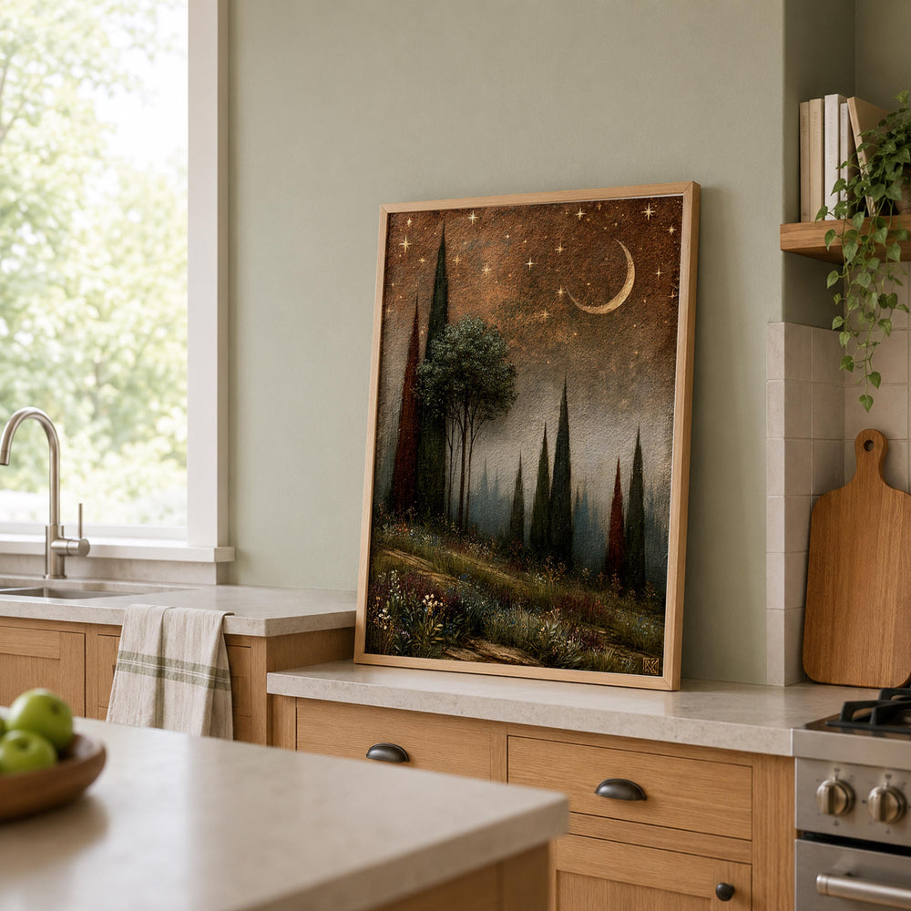Moonlit Cypress Forest Wall Art, Dark Woodland Canvas Print, Crescent Moon Poster, Moody Starry Night Home Decor, Gothic Nature Lover Gift