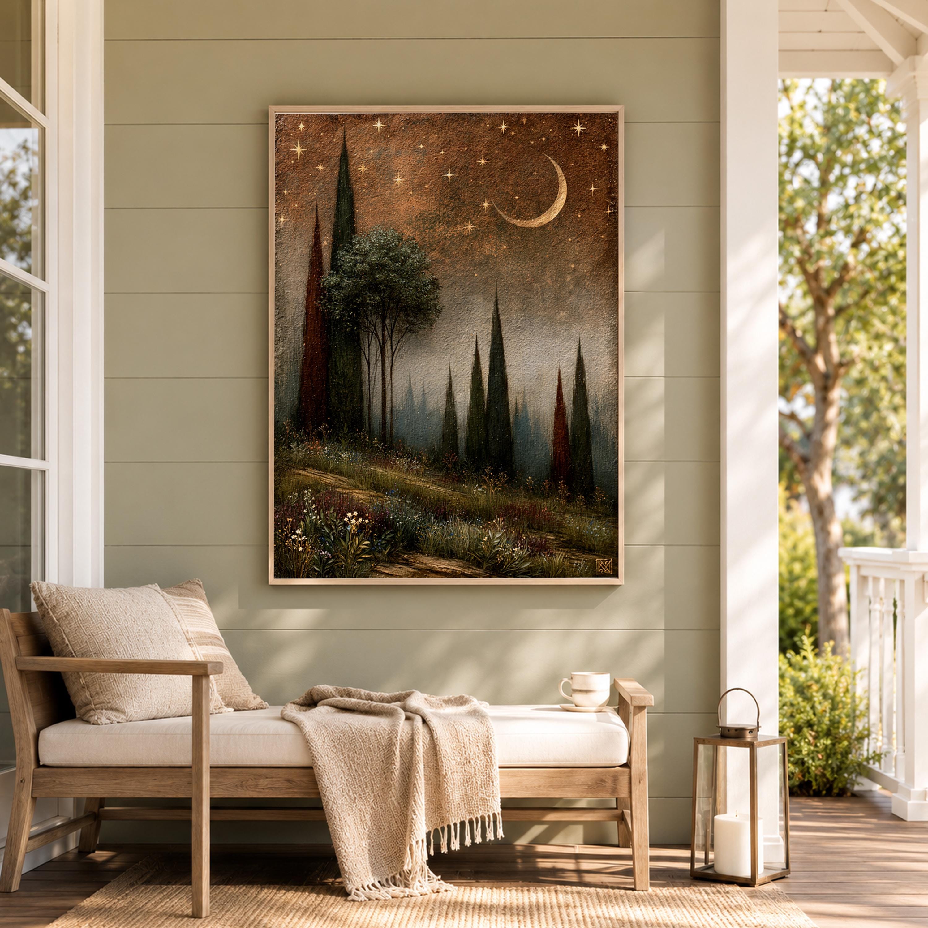 Moonlit Cypress Forest Wall Art, Dark Woodland Canvas Print, Crescent Moon Poster, Moody Starry Night Home Decor, Gothic Nature Lover Gift