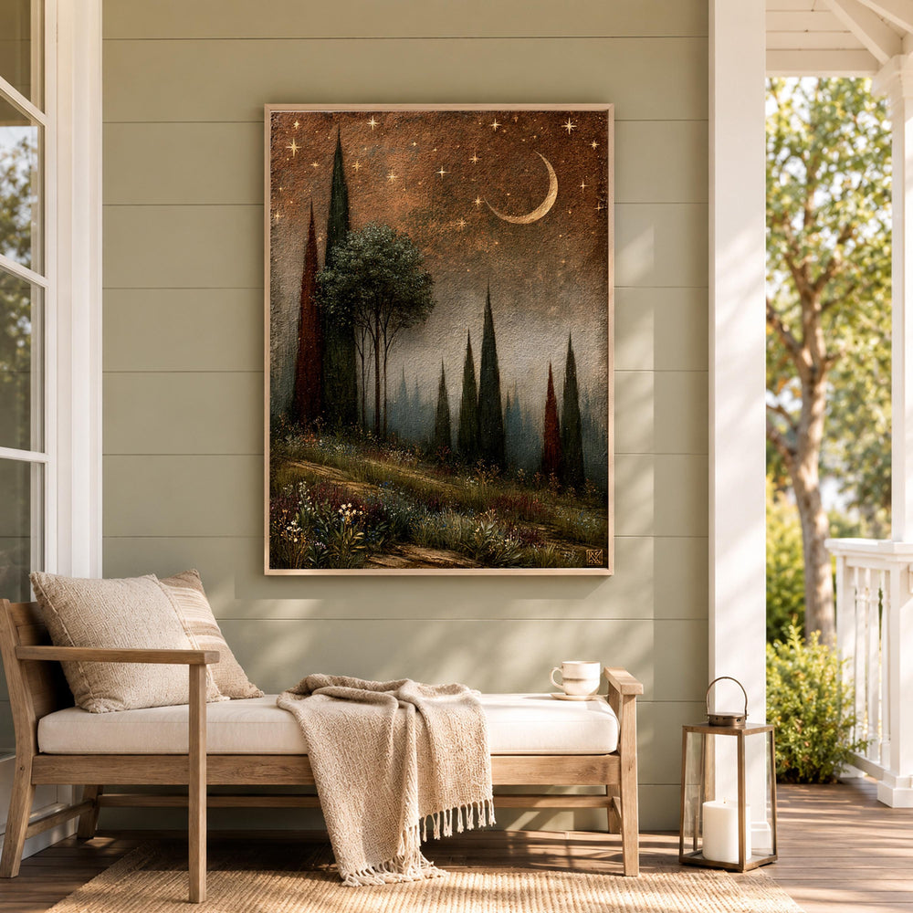 Moonlit Cypress Forest Wall Art, Dark Woodland Canvas Print, Crescent Moon Poster, Moody Starry Night Home Decor, Gothic Nature Lover Gift