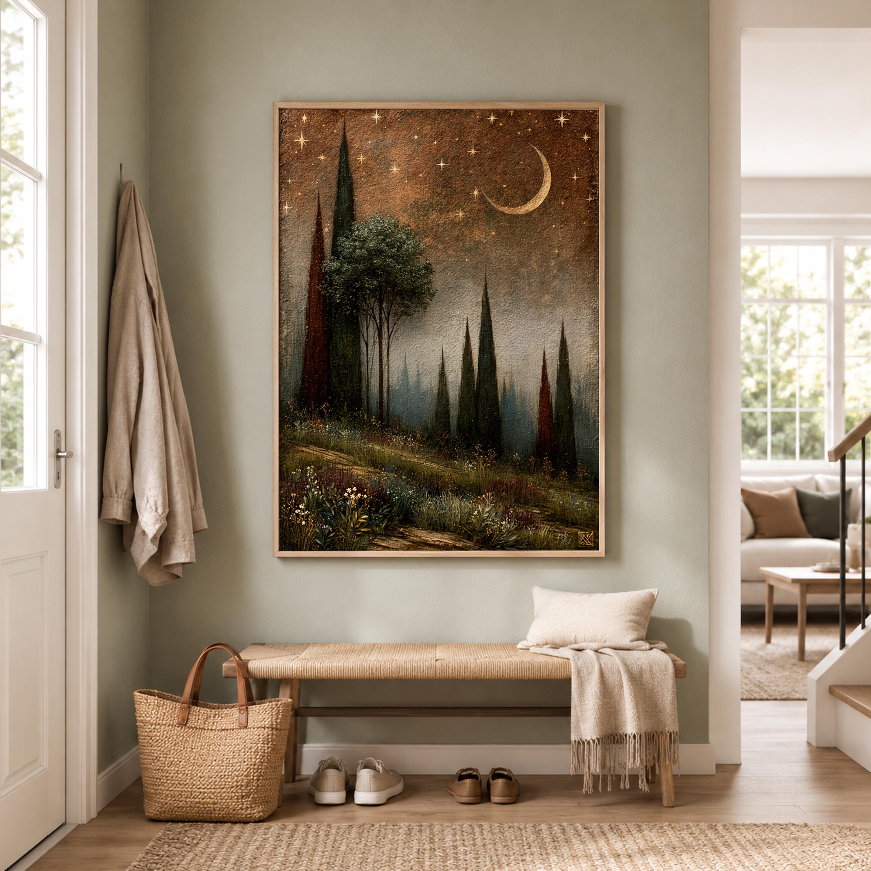 Moonlit Cypress Forest Wall Art, Dark Woodland Canvas Print, Crescent Moon Poster, Moody Starry Night Home Decor, Gothic Nature Lover Gift