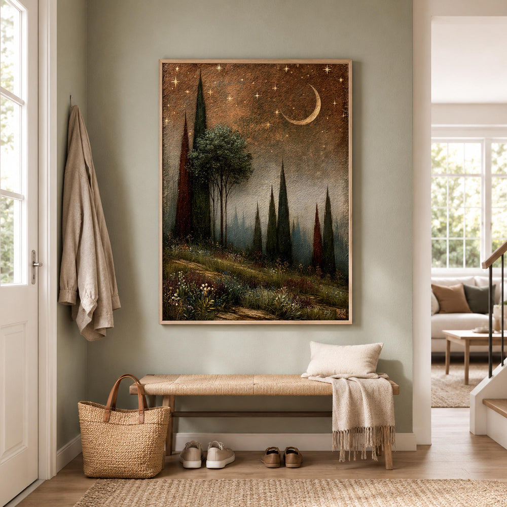 Moonlit Cypress Forest Wall Art, Dark Woodland Canvas Print, Crescent Moon Poster, Moody Starry Night Home Decor, Gothic Nature Lover Gift