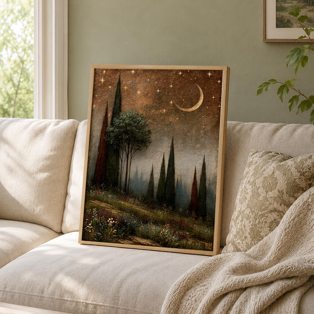 Moonlit Cypress Forest Wall Art, Dark Woodland Canvas Print, Crescent Moon Poster, Moody Starry Night Home Decor, Gothic Nature Lover Gift