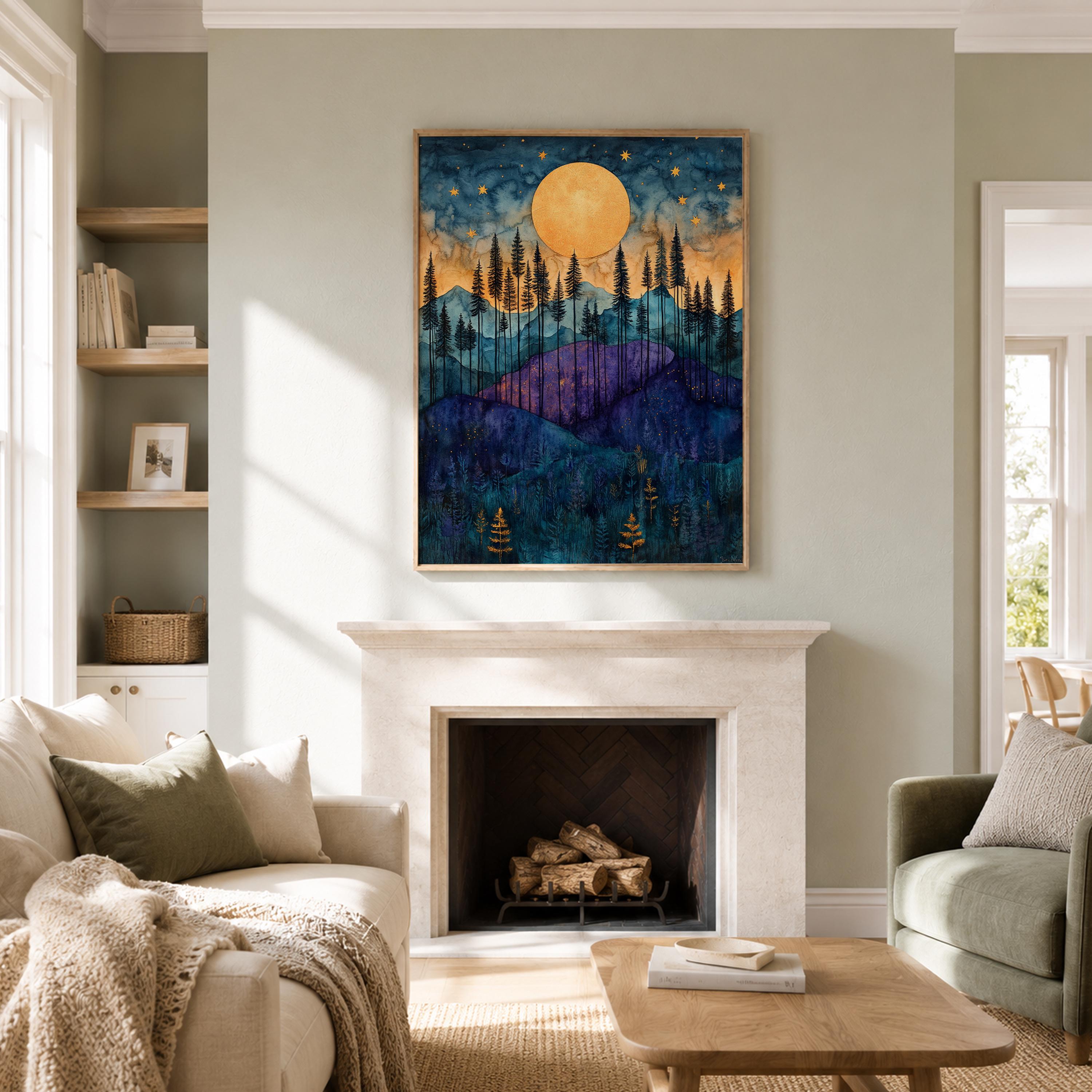 Golden Moon Mountain Wall Art, Indigo Forest Canvas Print, Celestial Landscape Poster, Purple Woodland Artwork, Cabin Wall Decor Gift
