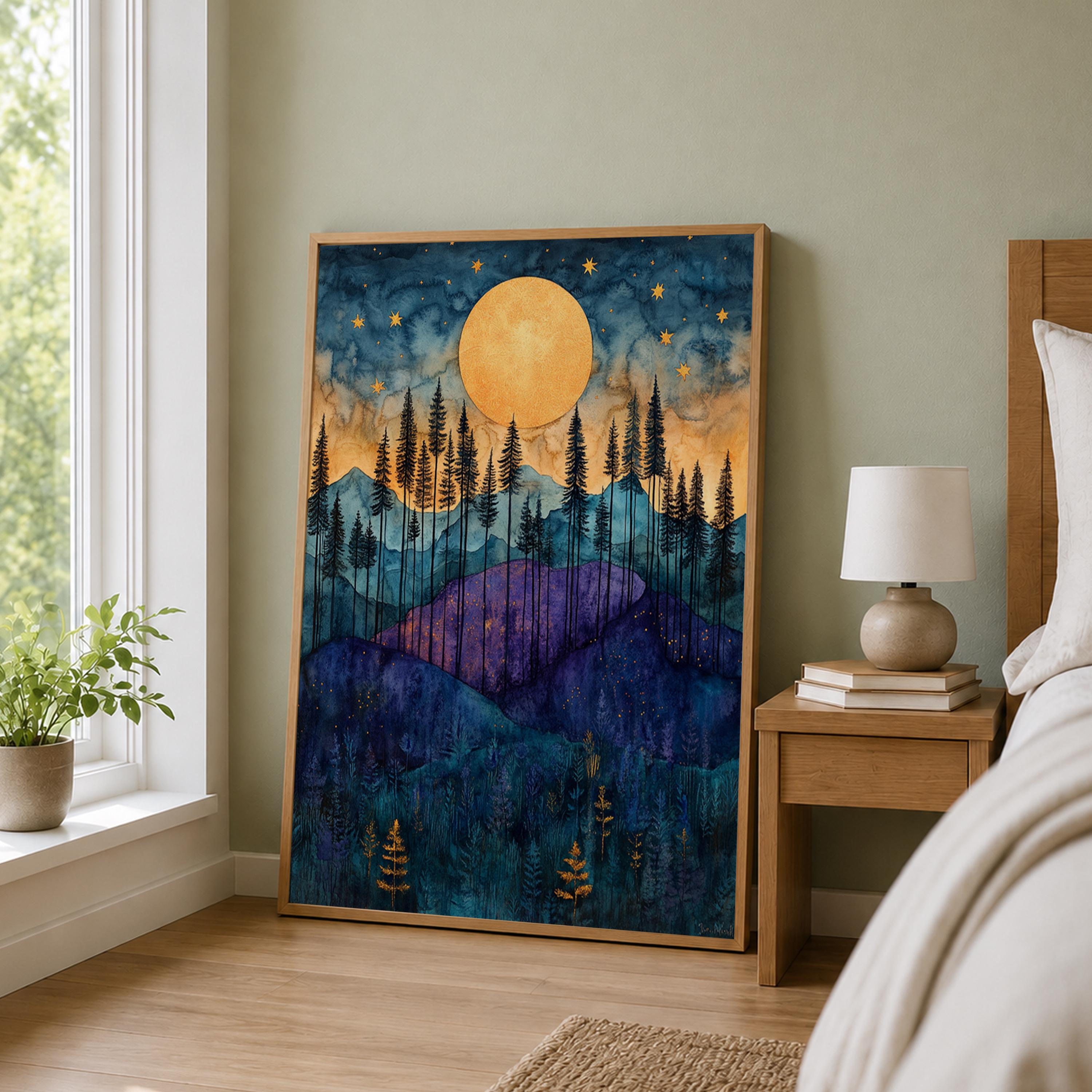 Golden Moon Mountain Wall Art, Indigo Forest Canvas Print, Celestial Landscape Poster, Purple Woodland Artwork, Cabin Wall Decor Gift