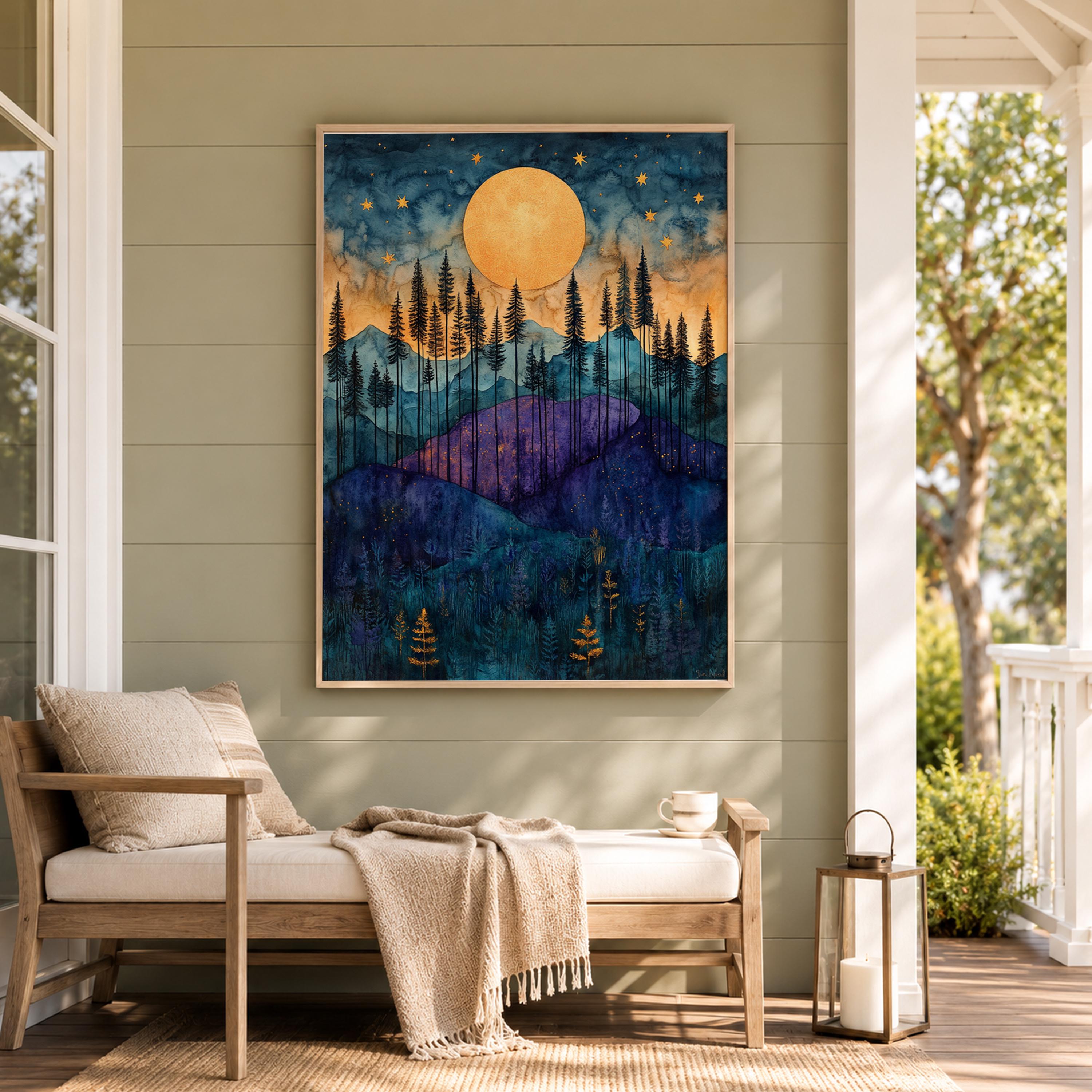 Golden Moon Mountain Wall Art, Indigo Forest Canvas Print, Celestial Landscape Poster, Purple Woodland Artwork, Cabin Wall Decor Gift