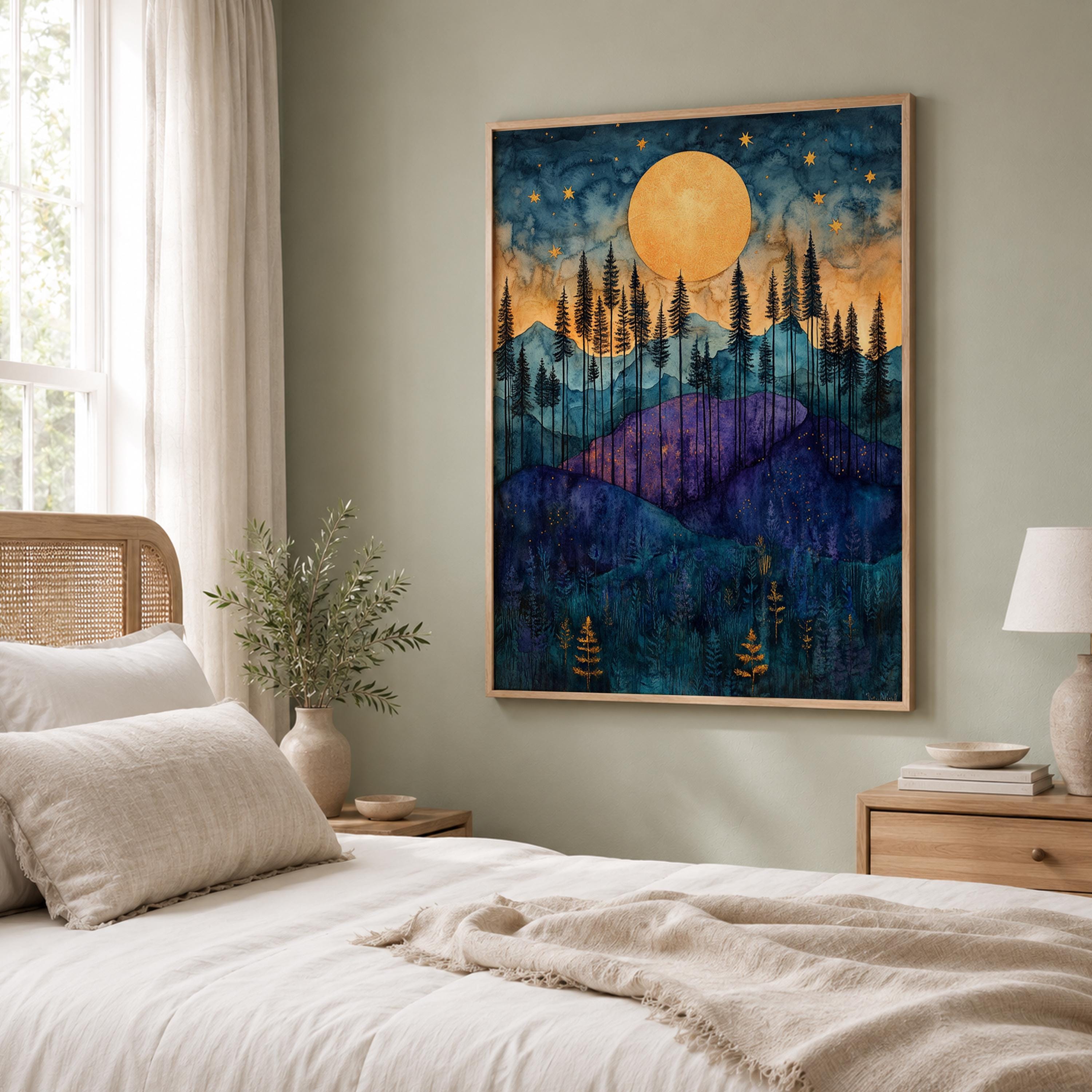 Golden Moon Mountain Wall Art, Indigo Forest Canvas Print, Celestial Landscape Poster, Purple Woodland Artwork, Cabin Wall Decor Gift