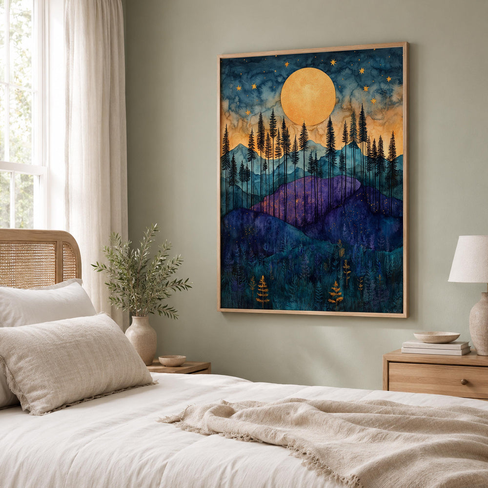 Golden Moon Mountain Wall Art, Indigo Forest Canvas Print, Celestial Landscape Poster, Purple Woodland Artwork, Cabin Wall Decor Gift