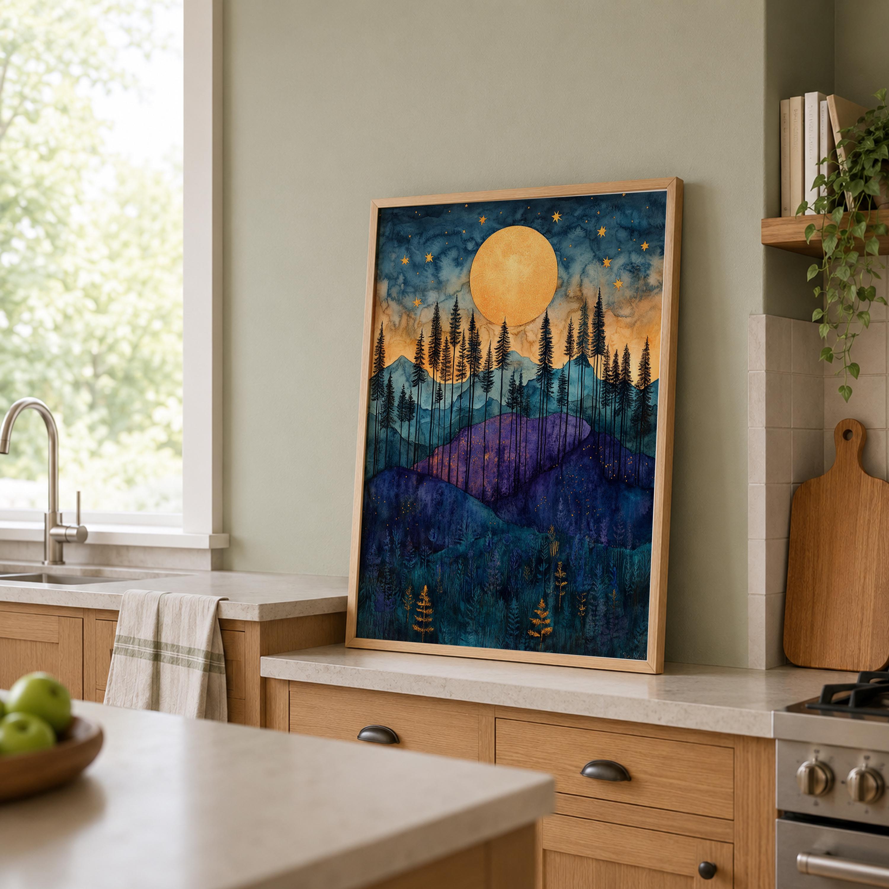Golden Moon Mountain Wall Art, Indigo Forest Canvas Print, Celestial Landscape Poster, Purple Woodland Artwork, Cabin Wall Decor Gift