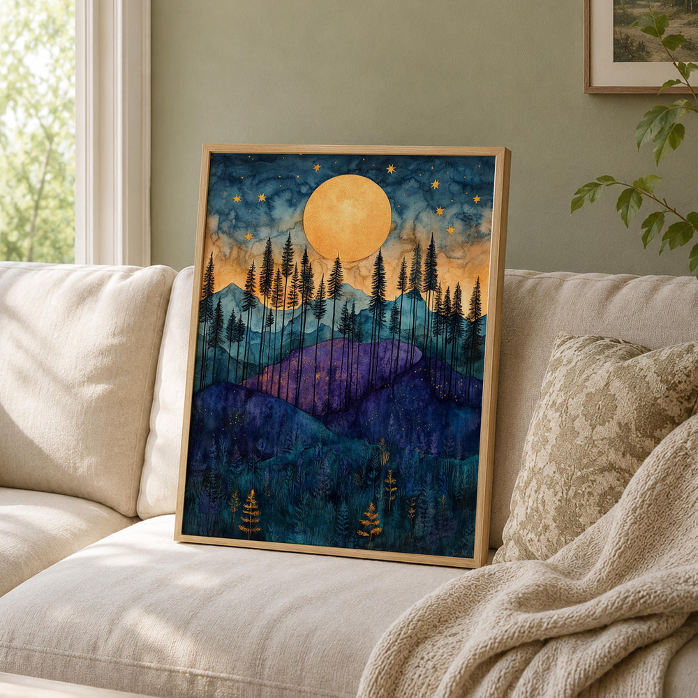 Golden Moon Mountain Wall Art, Indigo Forest Canvas Print, Celestial Landscape Poster, Purple Woodland Artwork, Cabin Wall Decor Gift