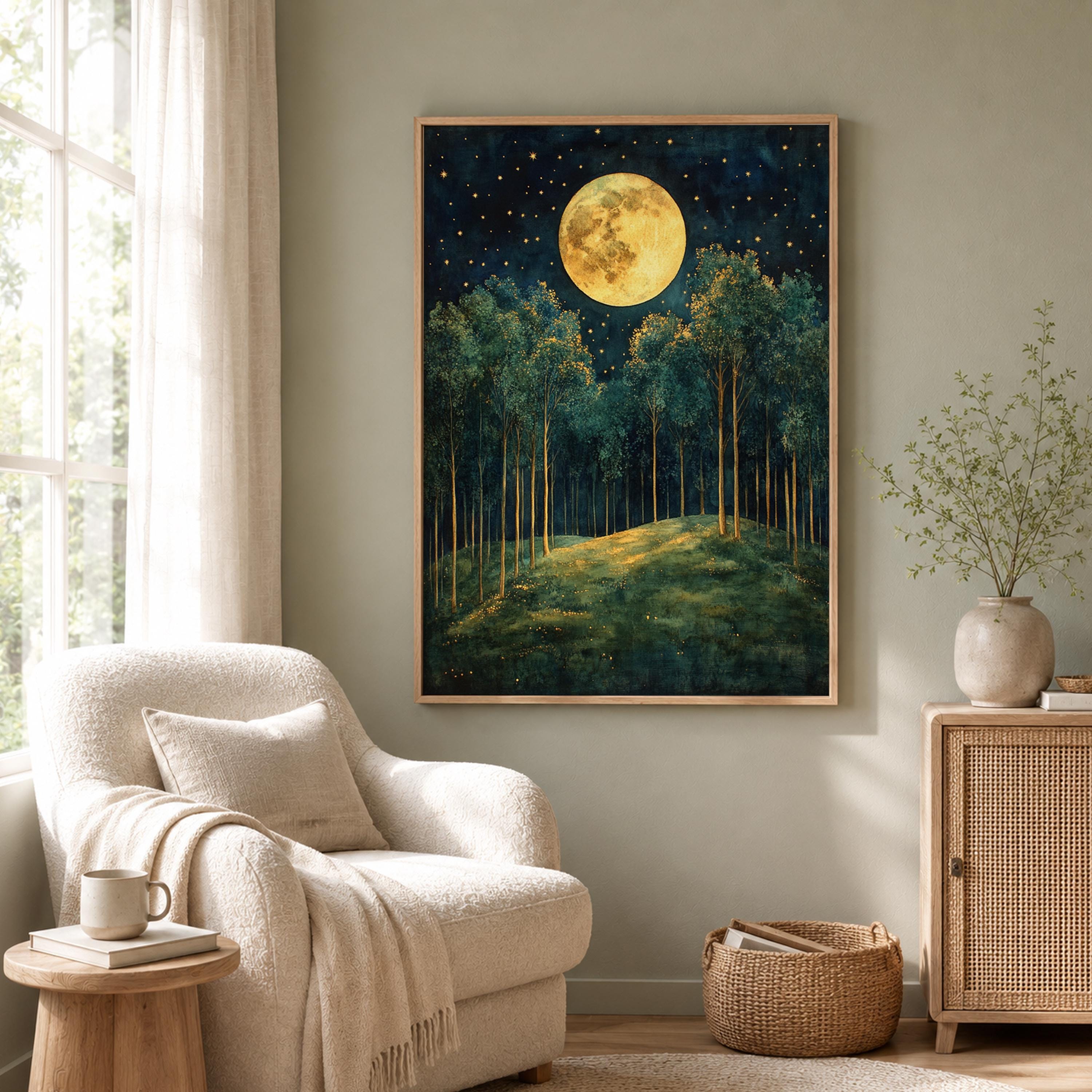 Full Moon Forest Wall Art, Starry Woodland Canvas Print, Night Landscape Poster, Gold Green Tree Artwork, Moody Nature Decor for Living Room