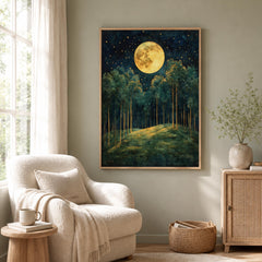 Full Moon Forest Wall Art, Starry Woodland Canvas Print, Night Landscape Poster, Gold Green Tree Artwork, Moody Nature Decor for Living Room
