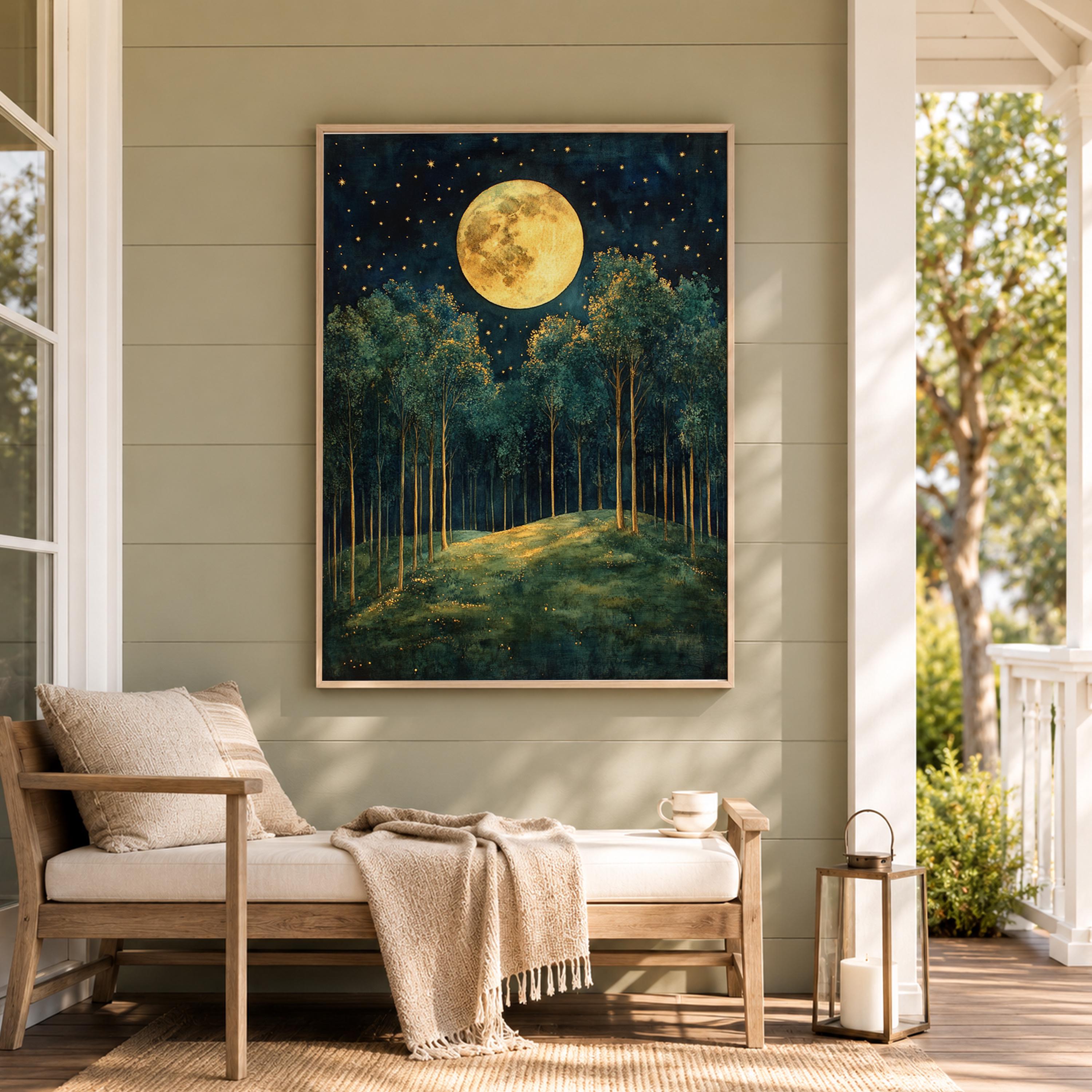 Full Moon Forest Wall Art, Starry Woodland Canvas Print, Night Landscape Poster, Gold Green Tree Artwork, Moody Nature Decor for Living Room