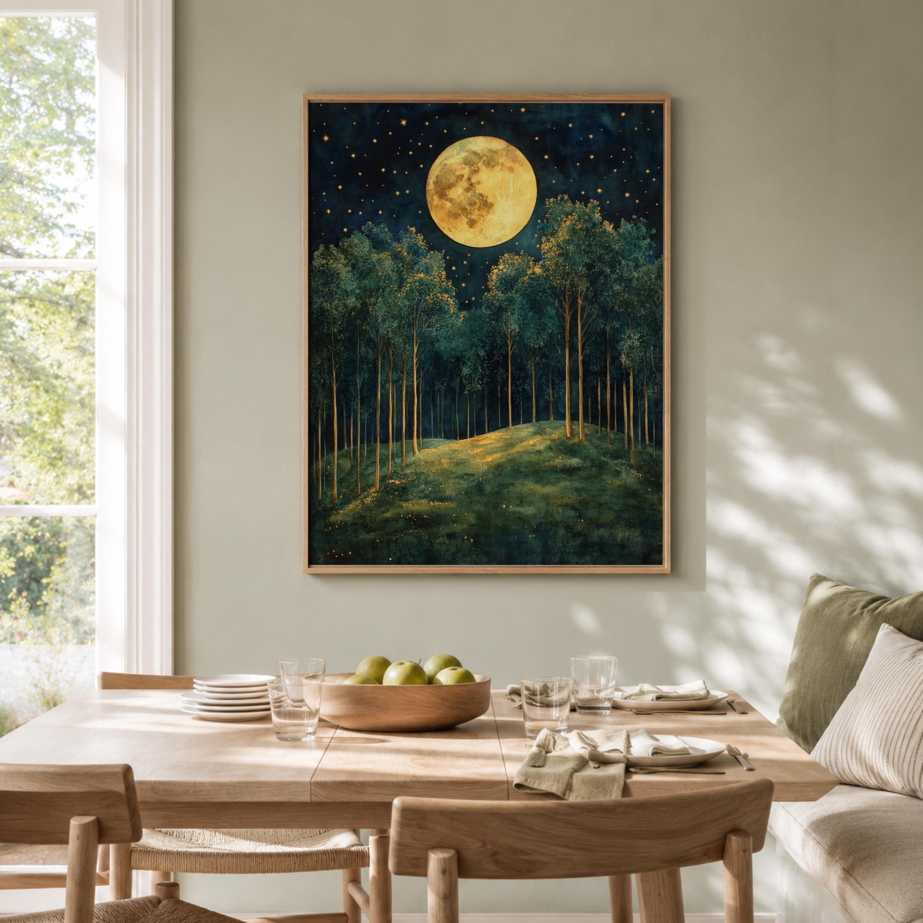 Full Moon Forest Wall Art, Starry Woodland Canvas Print, Night Landscape Poster, Gold Green Tree Artwork, Moody Nature Decor for Living Room
