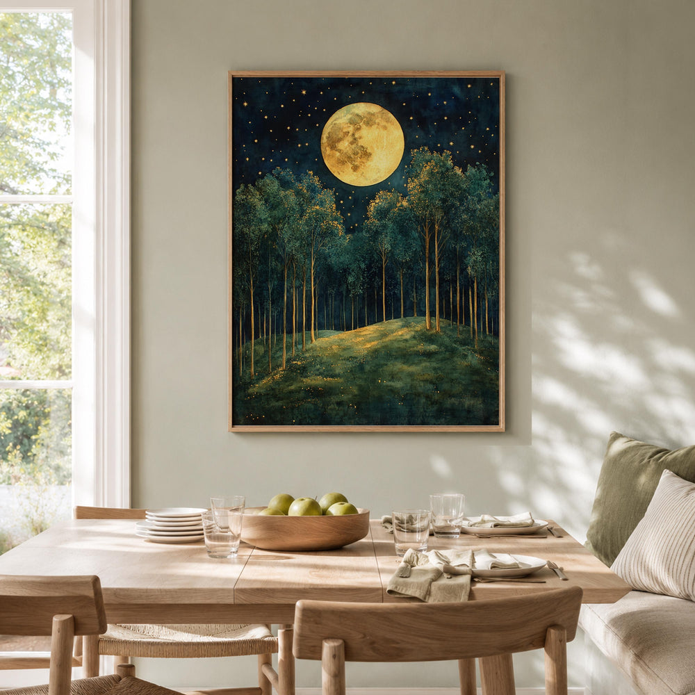 Full Moon Forest Wall Art, Starry Woodland Canvas Print, Night Landscape Poster, Gold Green Tree Artwork, Moody Nature Decor for Living Room