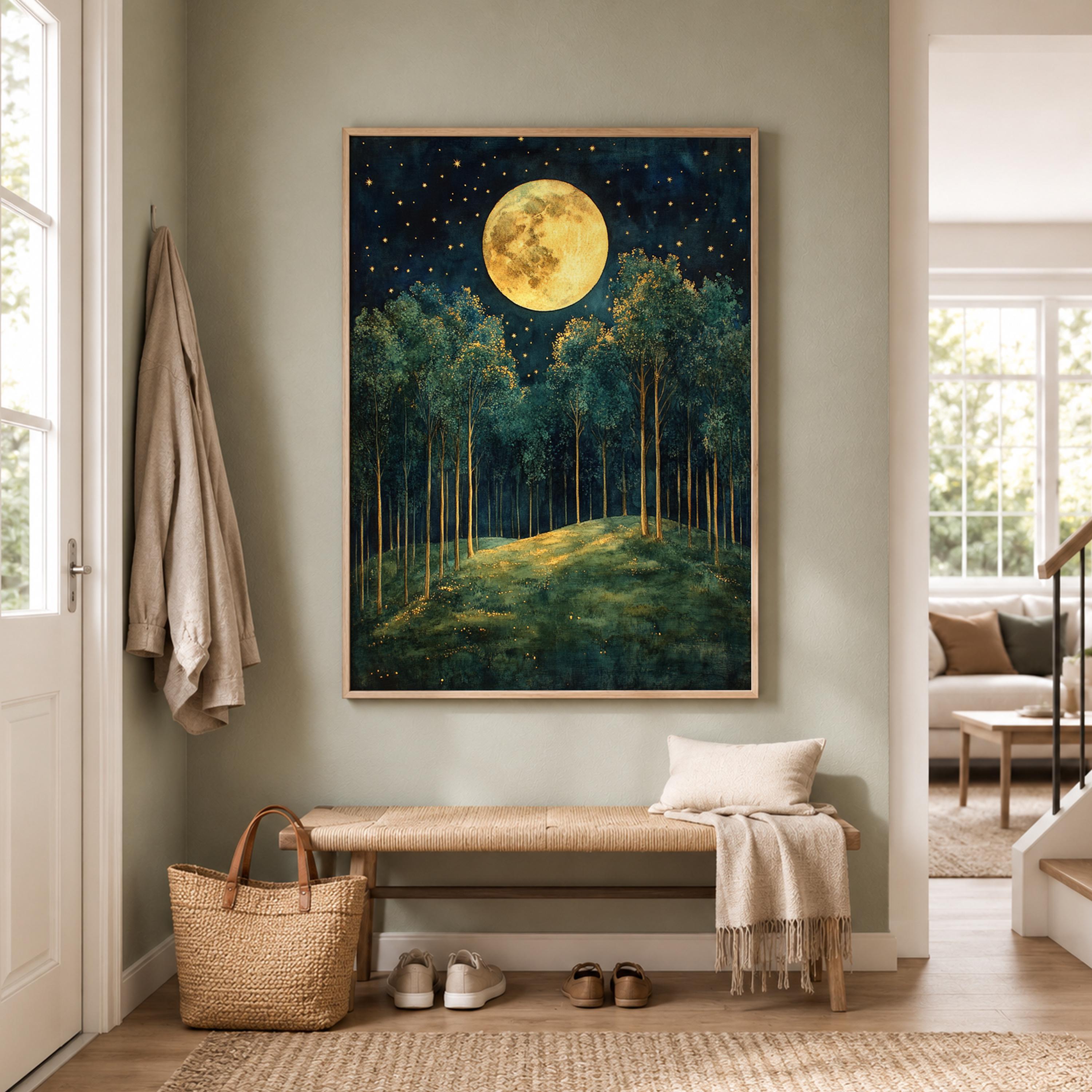 Full Moon Forest Wall Art, Starry Woodland Canvas Print, Night Landscape Poster, Gold Green Tree Artwork, Moody Nature Decor for Living Room